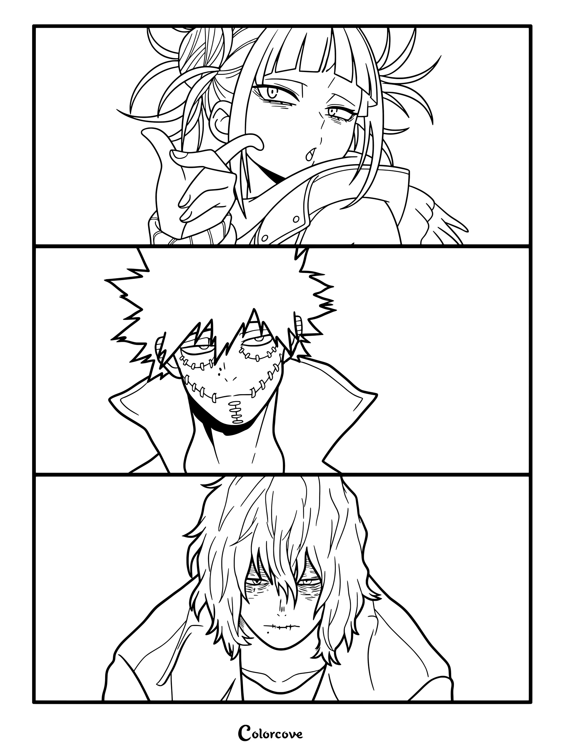 A My Hero Academia coloring page featuring Himiko Toga, Dabi, and Tomura Shigaraki in separate panels.