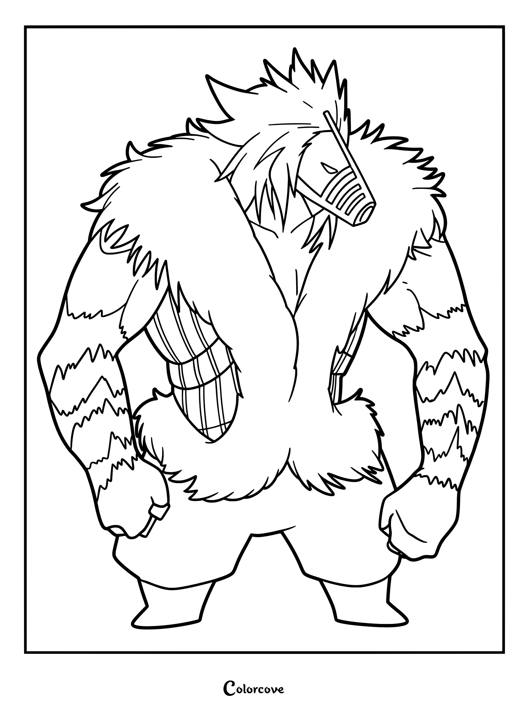 Hound Dog from My Hero Academia standing in a powerful pose, featuring his signature muzzle and fur-lined vest in a printable coloring page format.