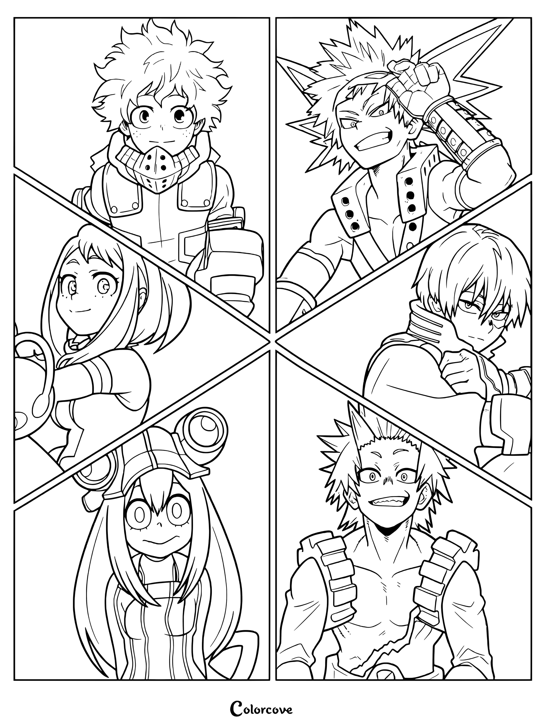 A My Hero Academia coloring page featuring Izuku Midoriya, Katsuki Bakugo, Shoto Todoroki, Ochaco Uraraka, and Tsuyu Asui in a segmented panel layout.