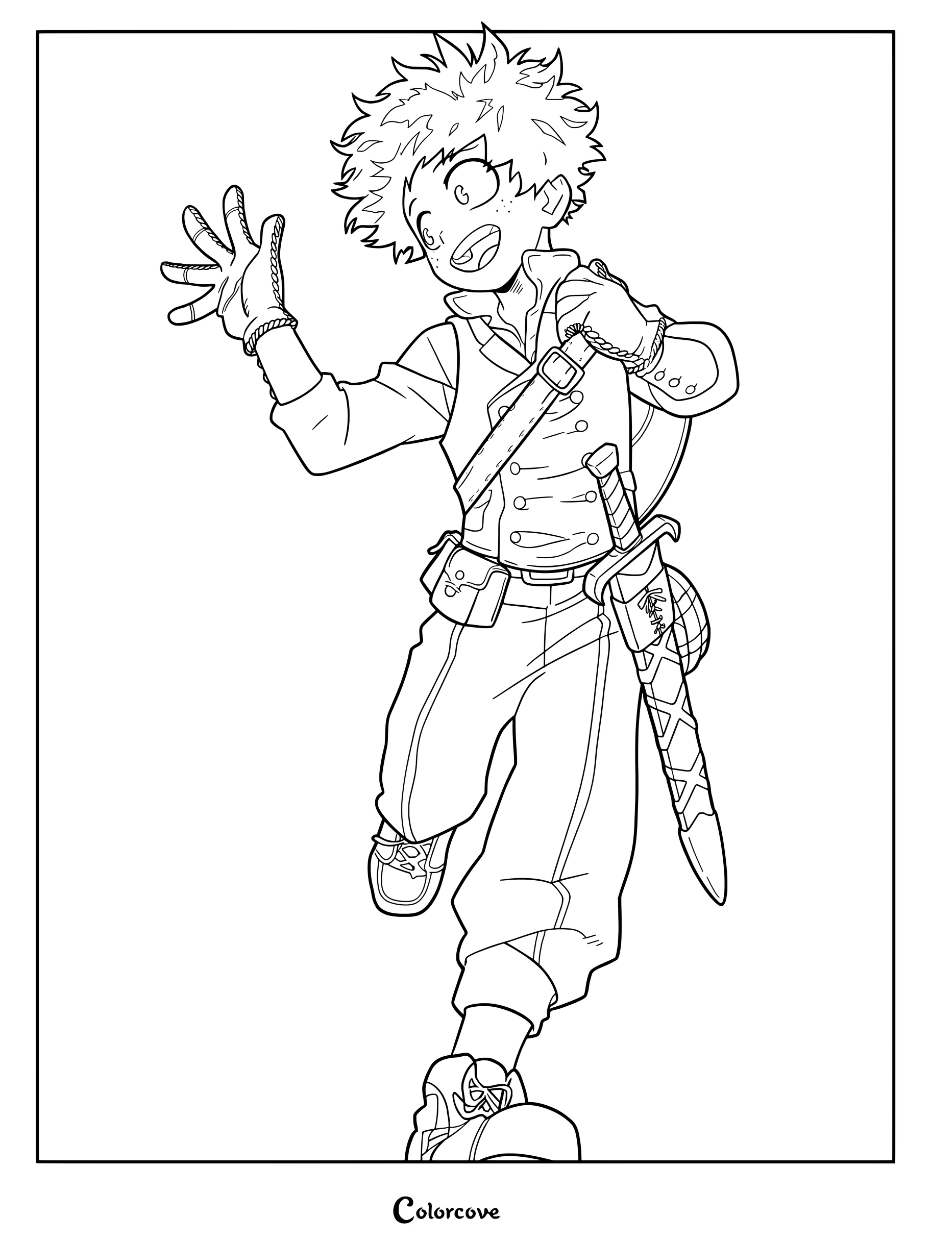 Izuku Midoriya dressed as a fantasy adventurer with a sword and satchel in this detailed line art coloring page.