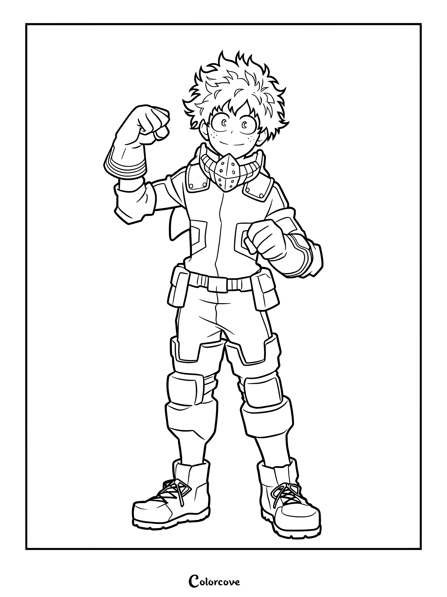 Izuku Midoriya (Deku) in his hero costume with mask around his neck, standing in a confident pose for a printable coloring page.