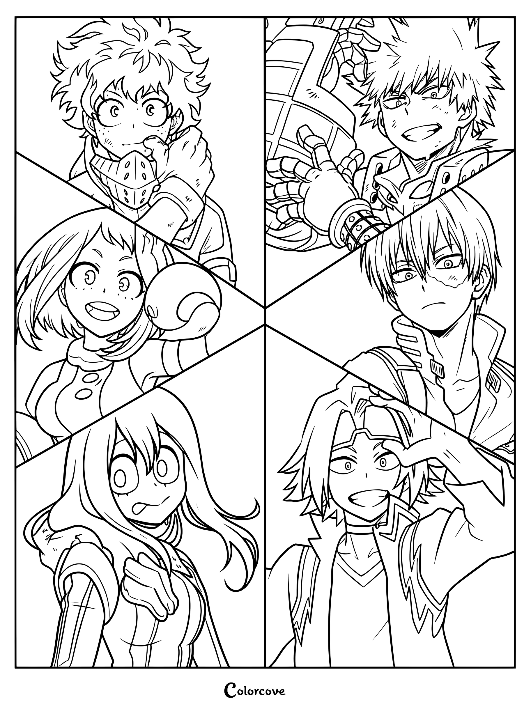 Printable coloring page featuring Izuku Midoriya, Katsuki Bakugo, Ochaco Uraraka, Shoto Todoroki, Tsuyu Asui, and Denki Kaminari in a split-panel design.