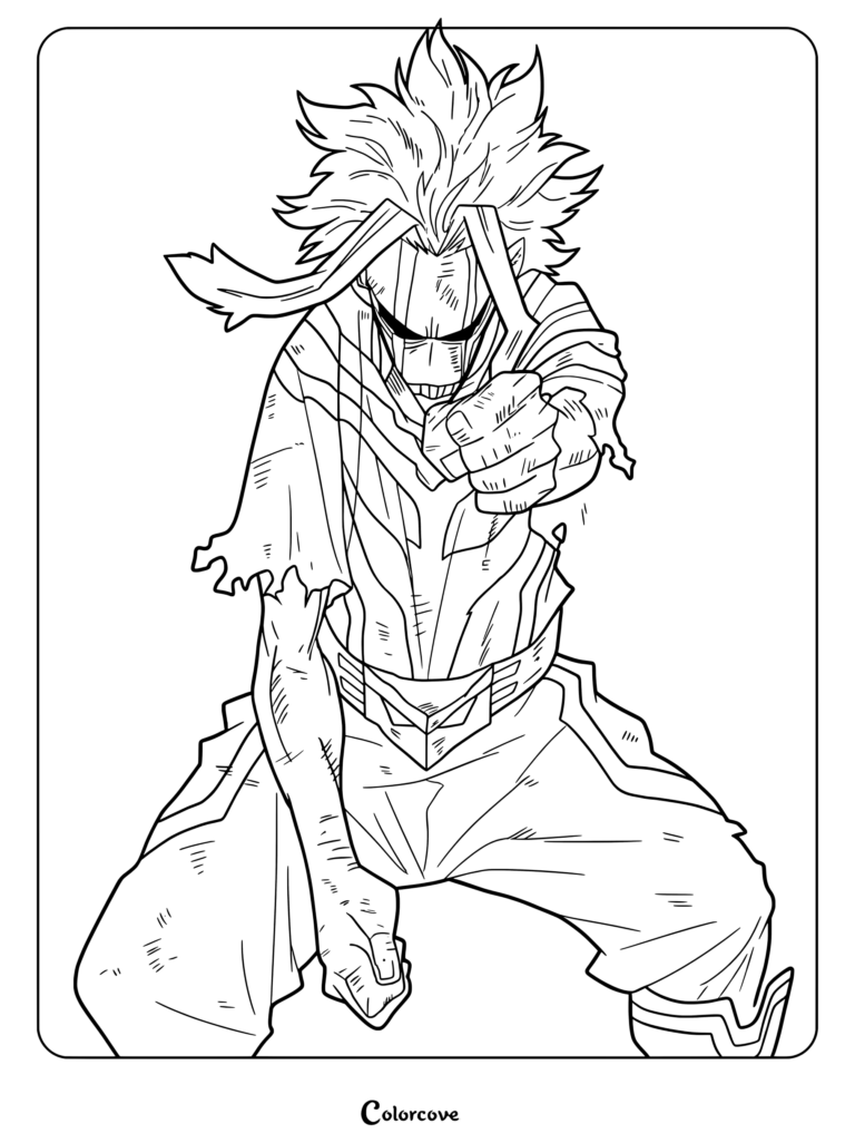 All Might from My Hero Academia in a powerful fighting stance, detailed line art coloring page.