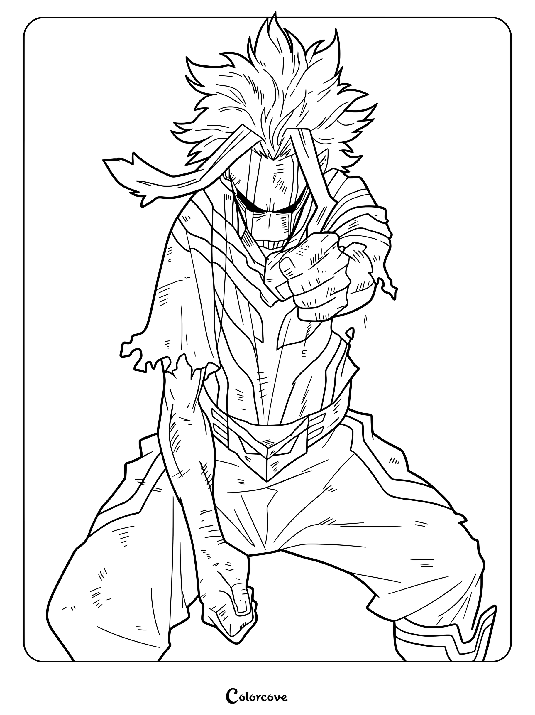 All Might from My Hero Academia in a powerful fighting stance, detailed line art coloring page.