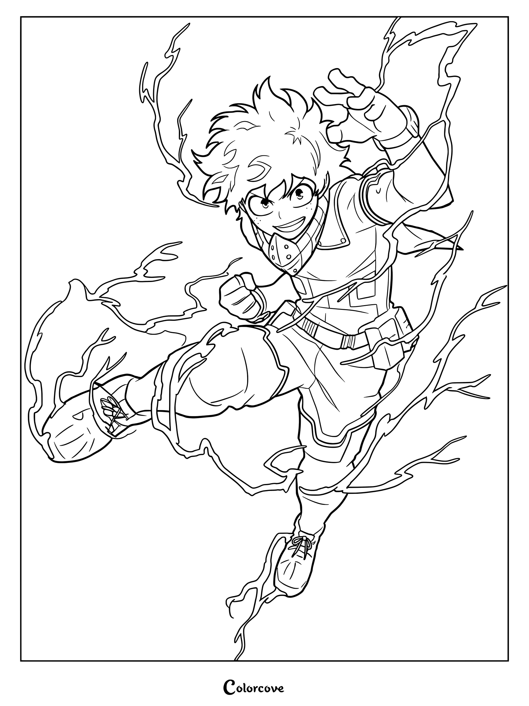 Izuku Midoriya from My Hero Academia using One For All with lightning effects surrounding his body in this action-packed coloring page.