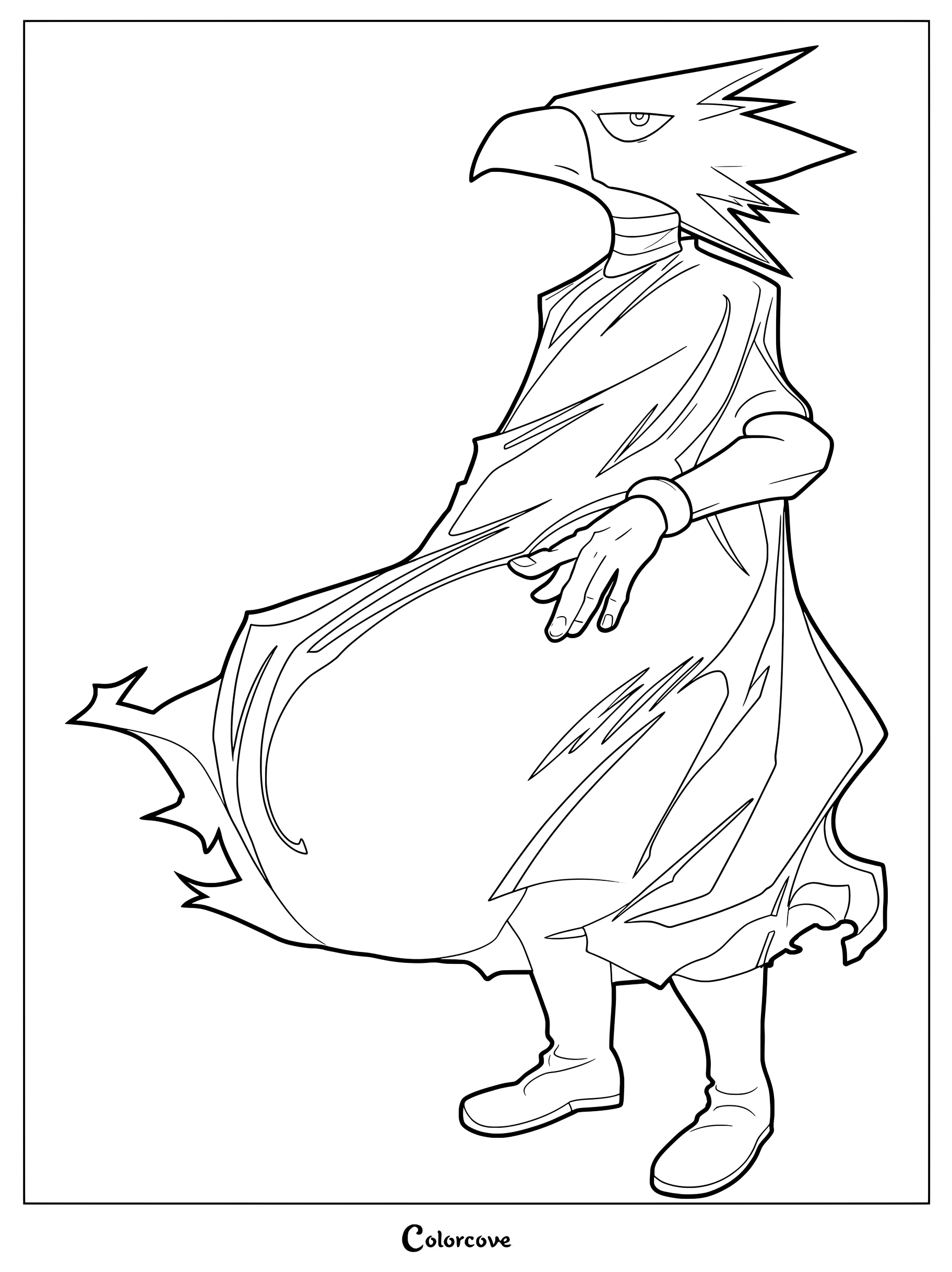 Line art of Jet-Black Hero Tsukuyomi from My Hero Academia wearing his signature cape, printable coloring page.