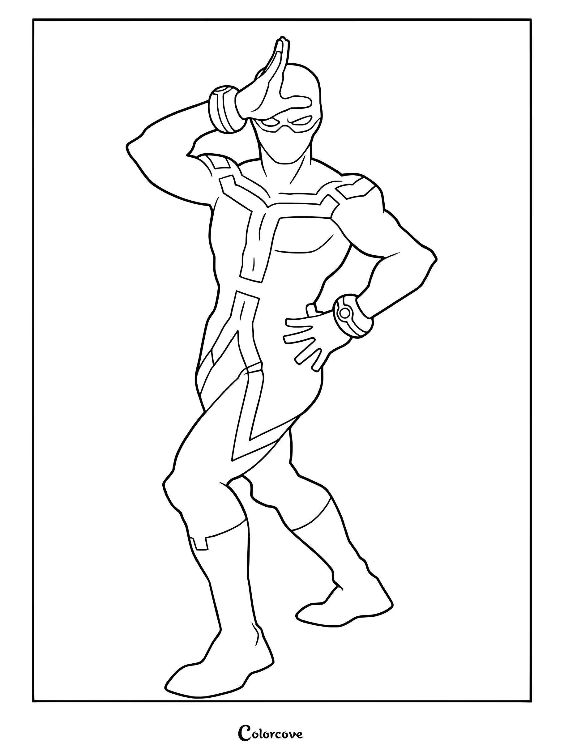 Jin Bubaigawara, known as Twice, in his full villain costume posing with one hand on his forehead, a detailed line art coloring page.