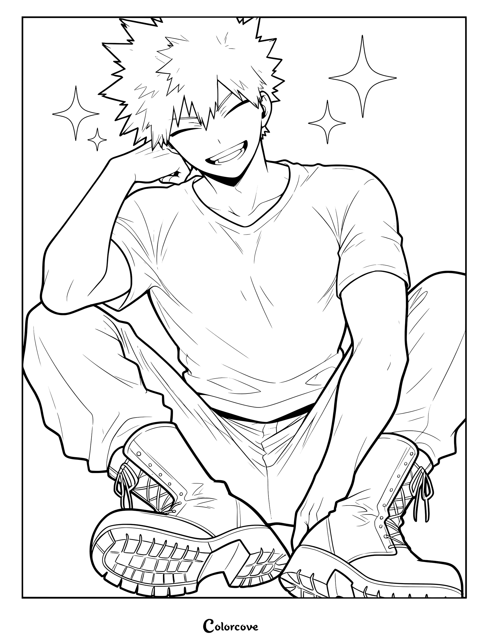 Katsuki Bakugo, also known as Great Explosion Murder God Dynamight, sitting and smiling in a casual t-shirt and boots, featured in a My Hero Academia line art coloring page.