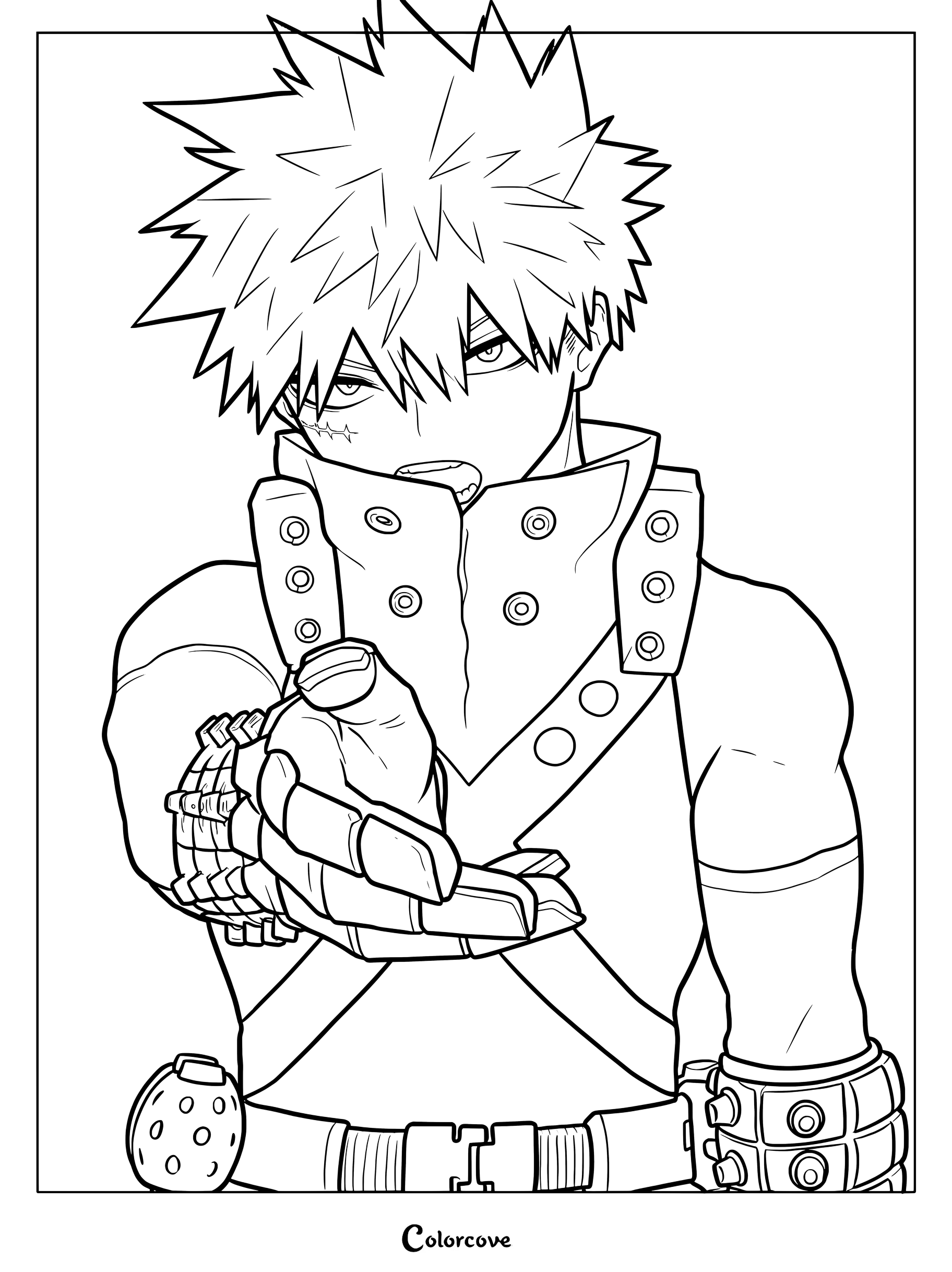 Katsuki Bakugo as Great Explosion Murder God Dynamight reaching forward in his hero costume, detailed line art coloring page.
