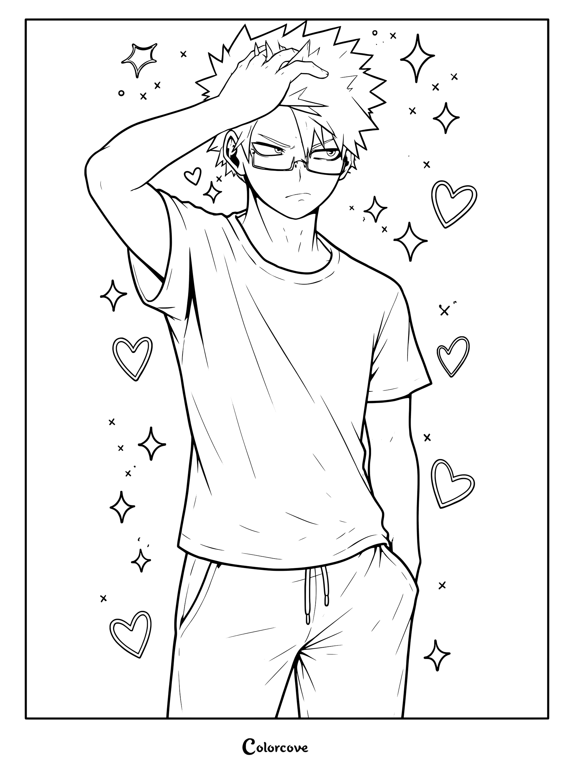 Katsuki Bakugo Great Explosion Murder God Dynamight wearing glasses and a t-shirt surrounded by hearts and sparkles in this printable coloring page.