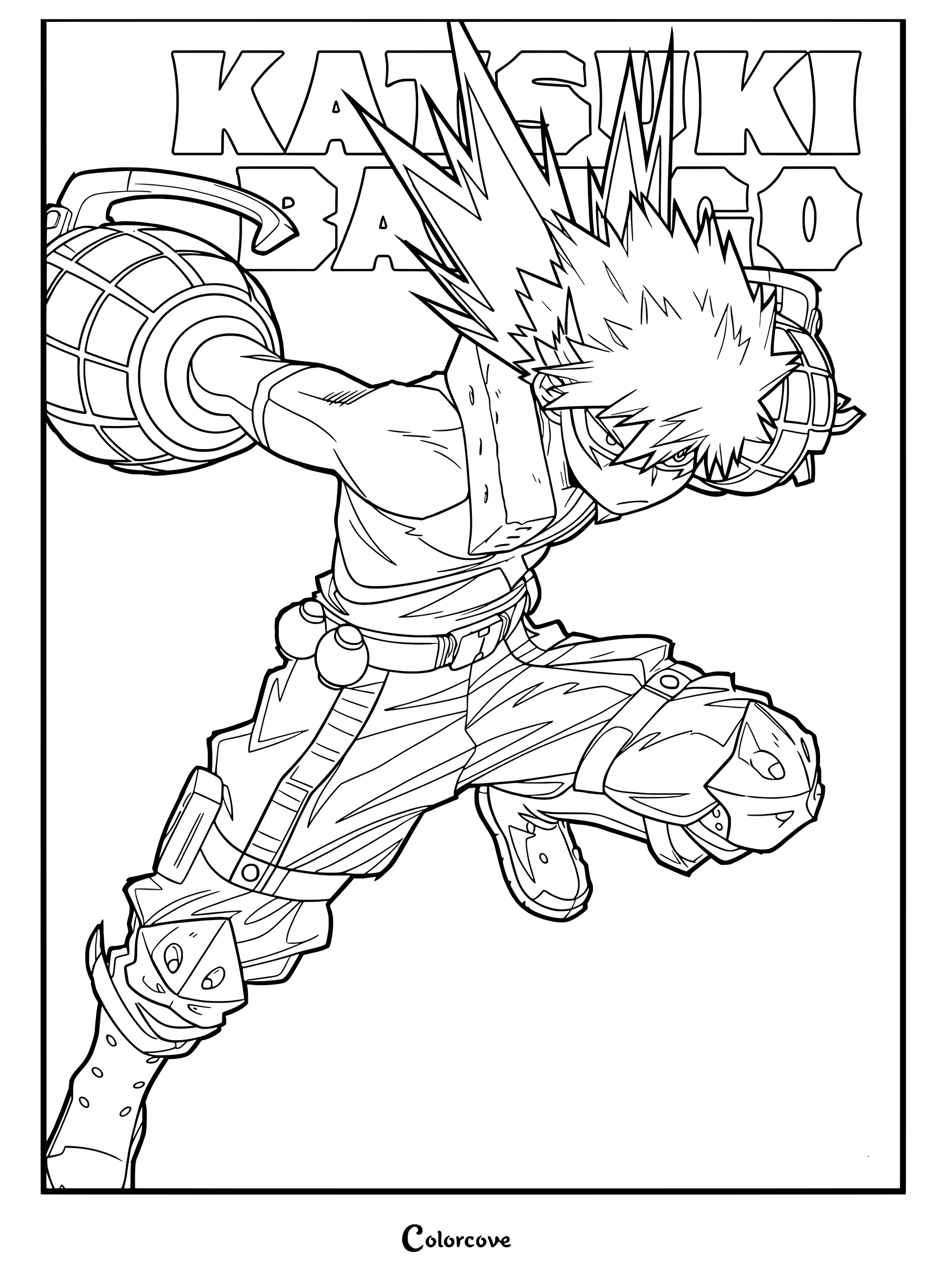 Katsuki Bakugo as Great Explosion Murder God Dynamight in a dynamic combat pose with grenade gauntlets, line art coloring page.