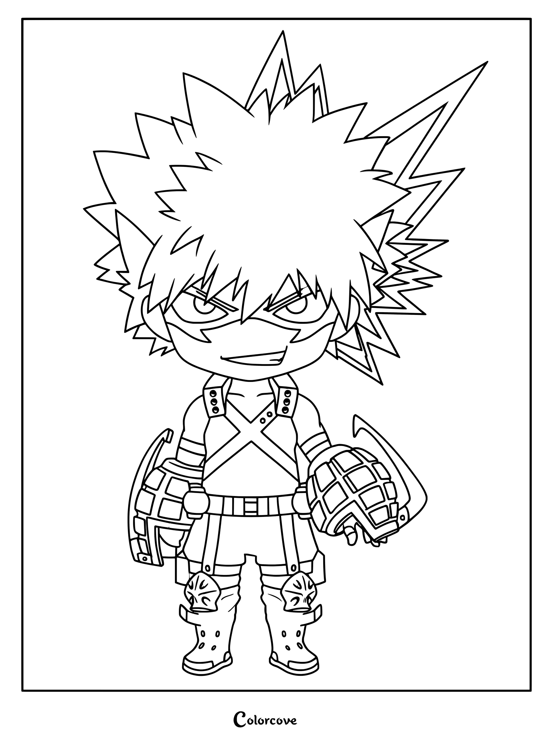Chibi Katsuki Bakugo as Great Explosion Murder God Dynamight in a detailed line art coloring page.