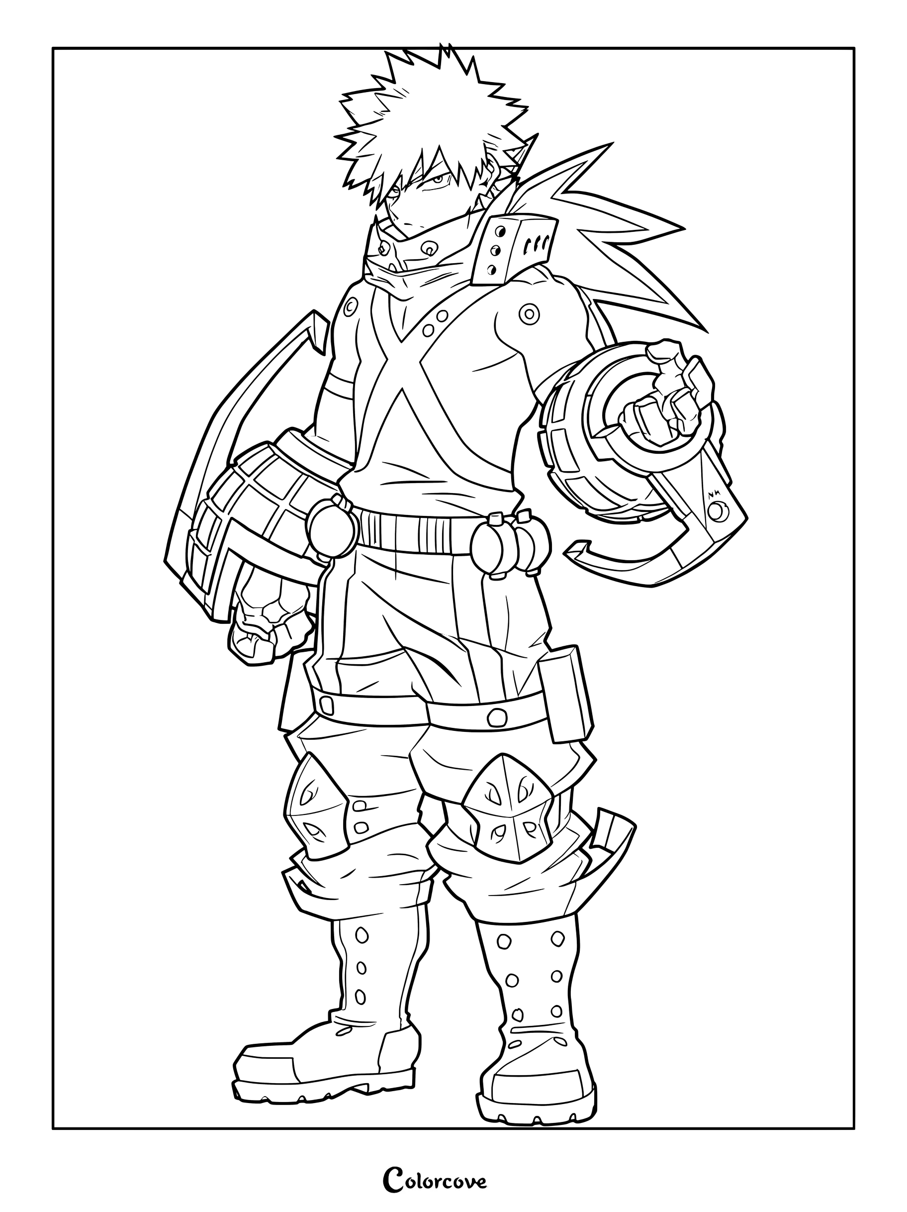 Katsuki Bakugo in his Great Explosion Murder God Dynamight hero costume featuring large grenade gauntlets, spiky hair, and tactical gear in a printable coloring page.