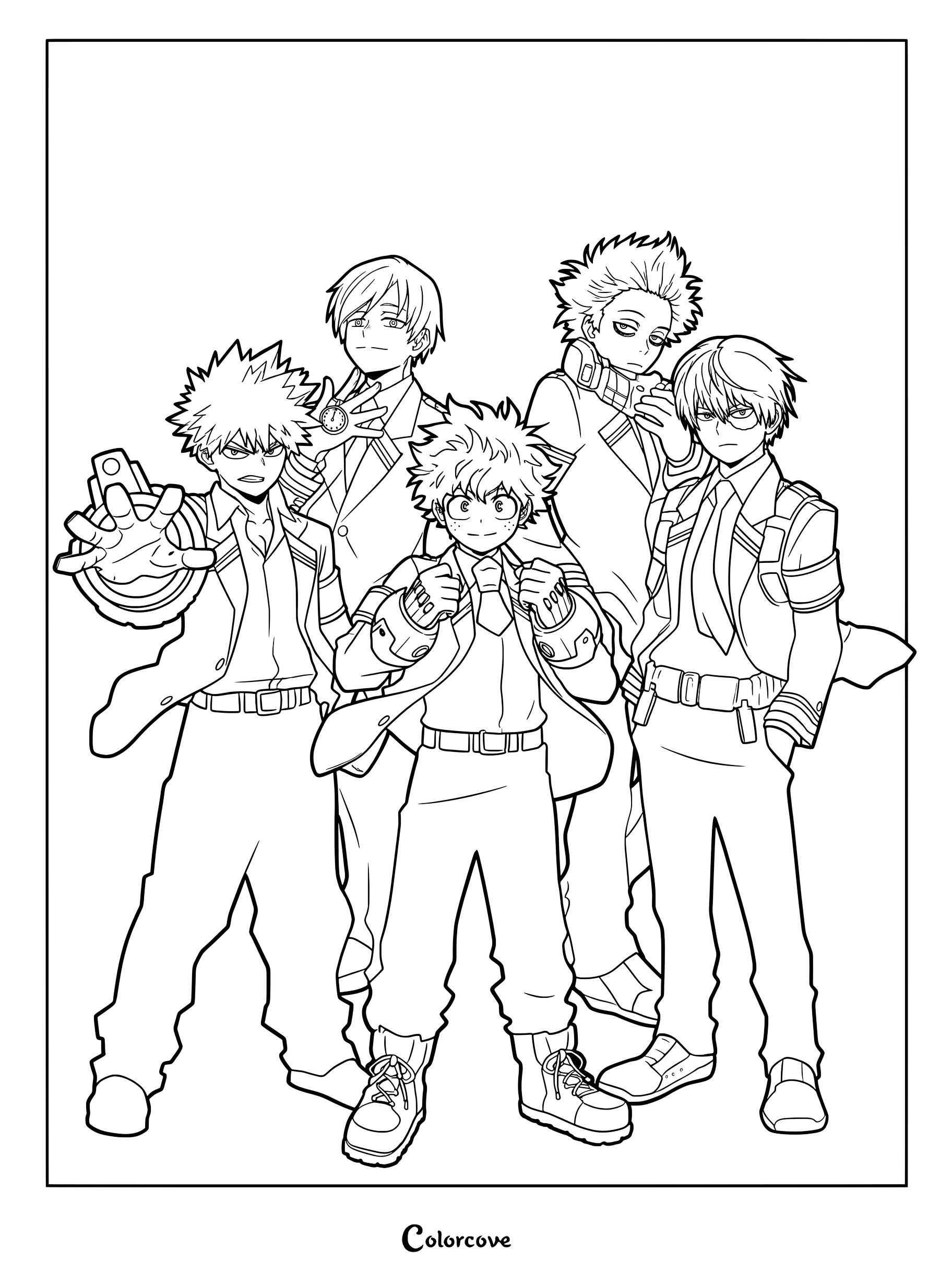 Katsuki Bakugo, Neito Monoma, Izuku Midoriya, Hitoshi Shinso, and Shoto Todoroki standing together in a line art coloring page.
