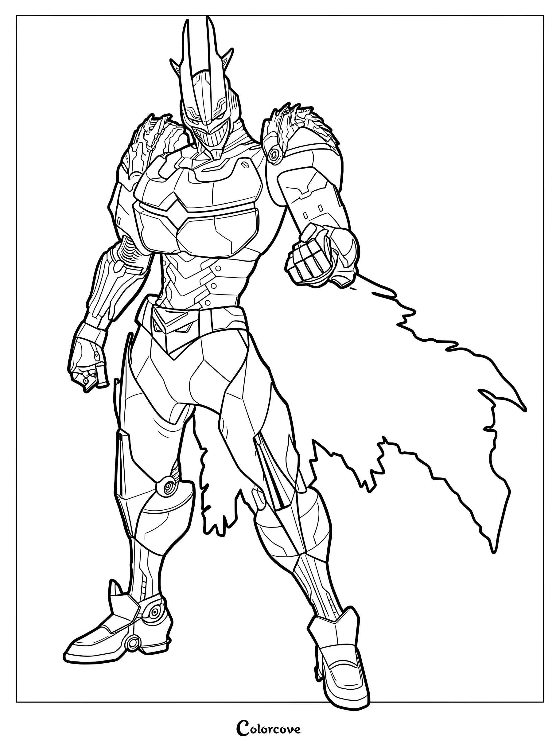 All Might in his armored suit standing in a powerful pose, detailed line art coloring page.