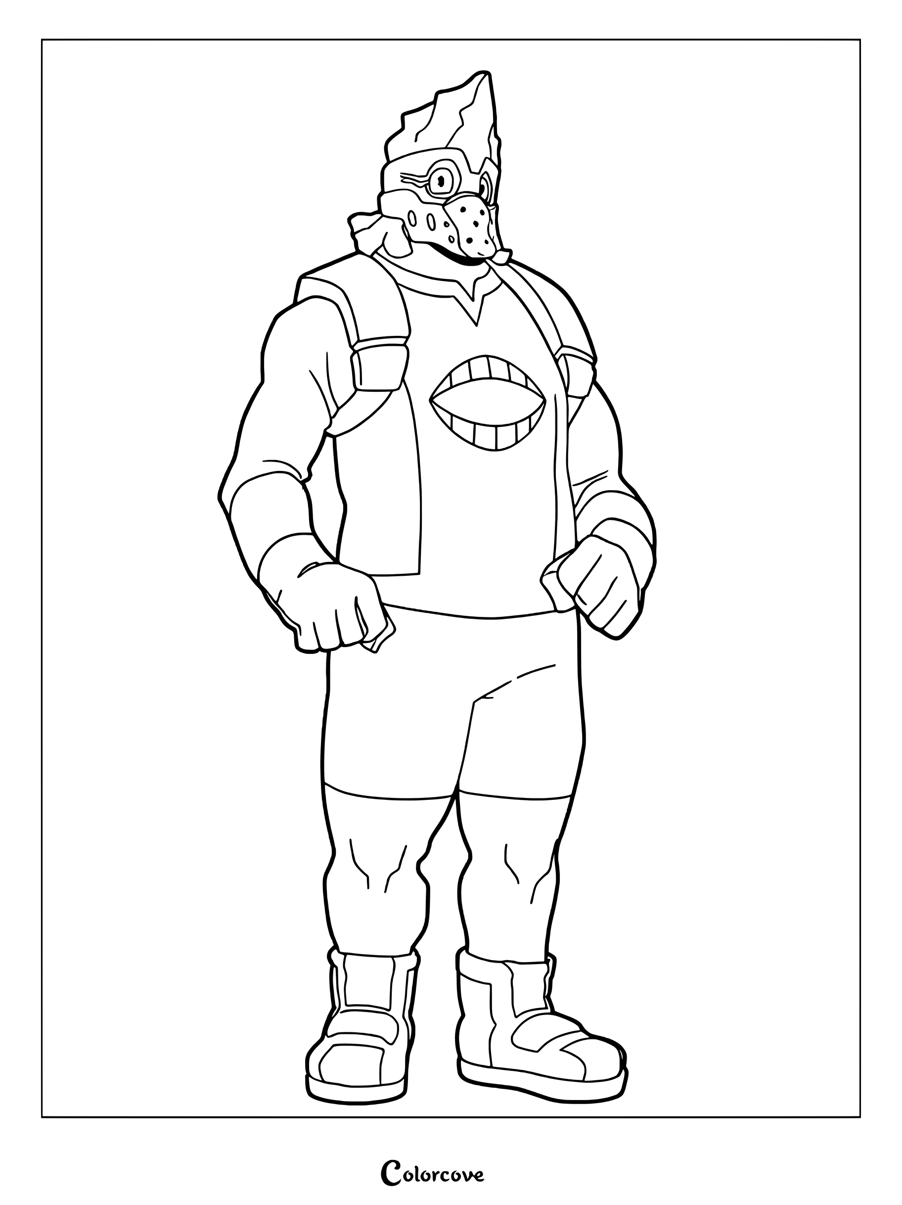 Koji Koda from My Hero Academia wearing his Anima hero costume, featuring his rocky head and eye-patterned shirt, in a printable coloring page.