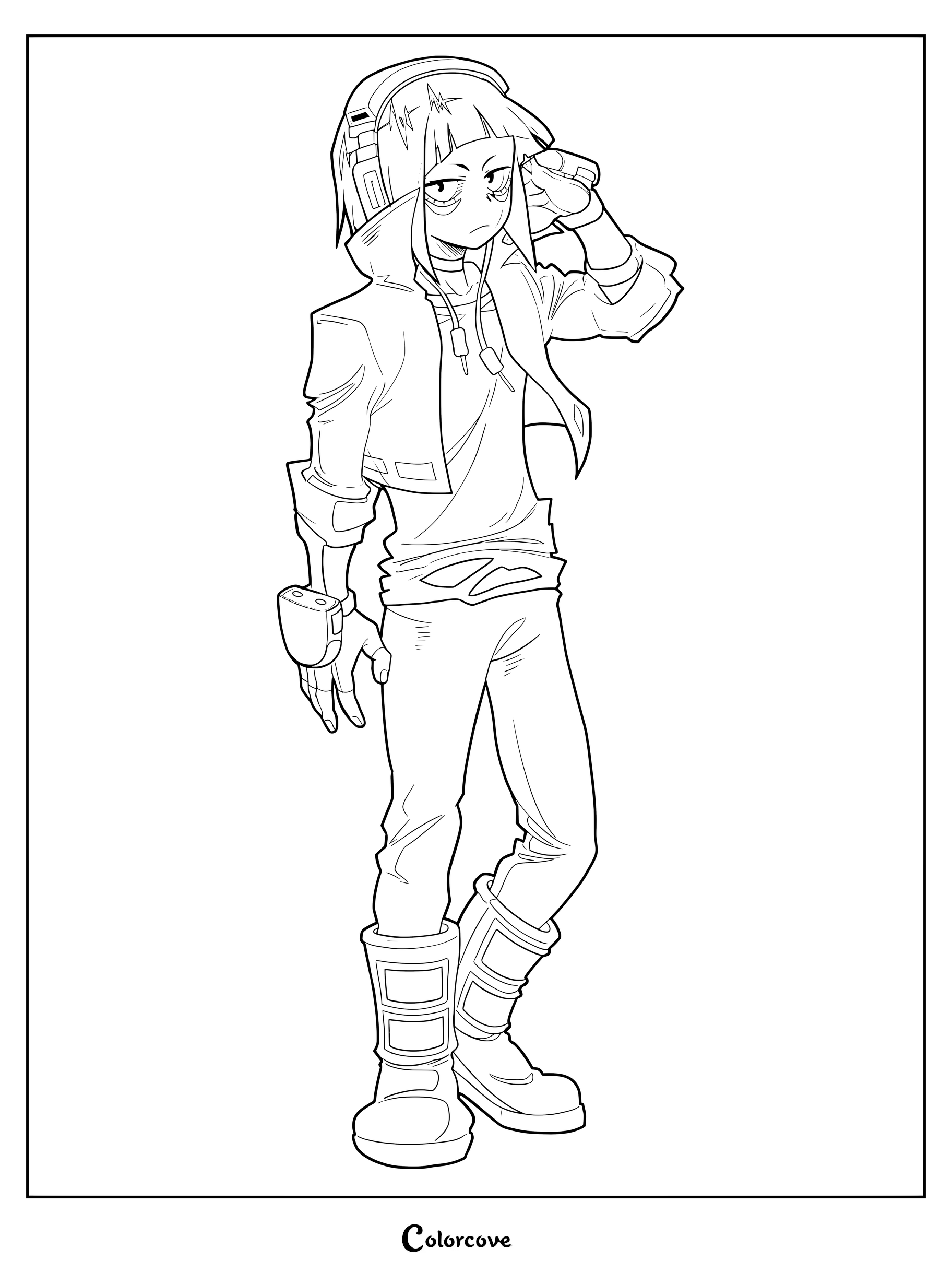 Kyoka Jiro from My Hero Academia wearing her Earphone Jack hero costume with headphones and specialized boots in this detailed line art coloring page.