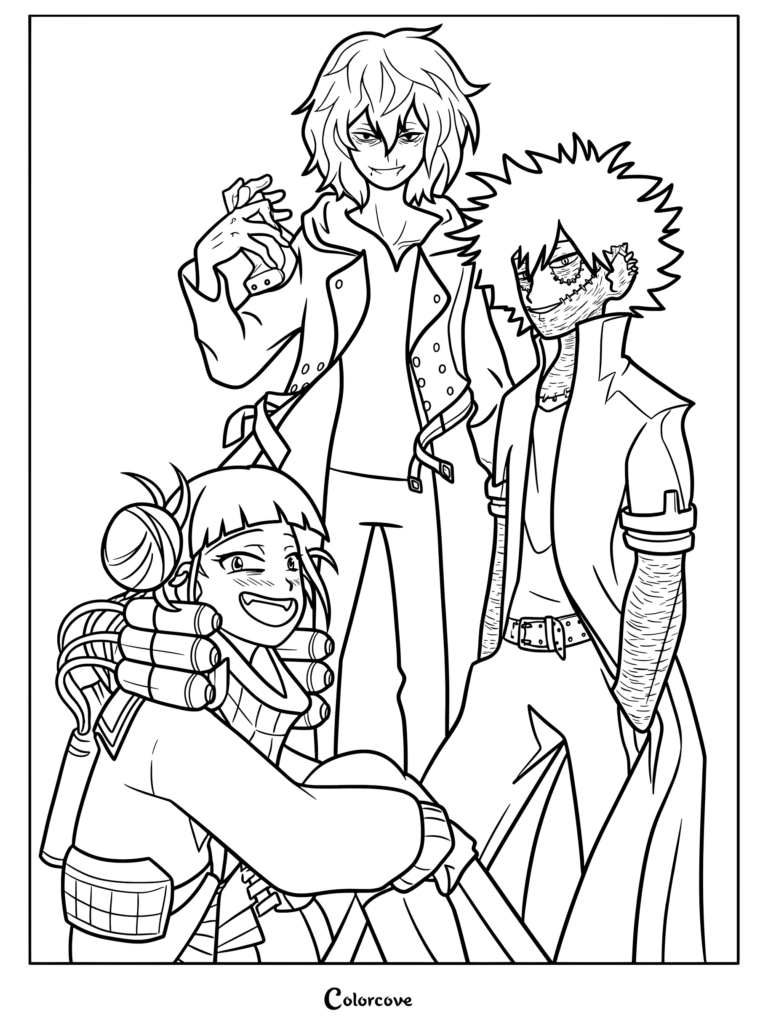 Tomura Shigaraki, Dabi, and Himiko Toga from My Hero Academia in a detailed line art coloring page.