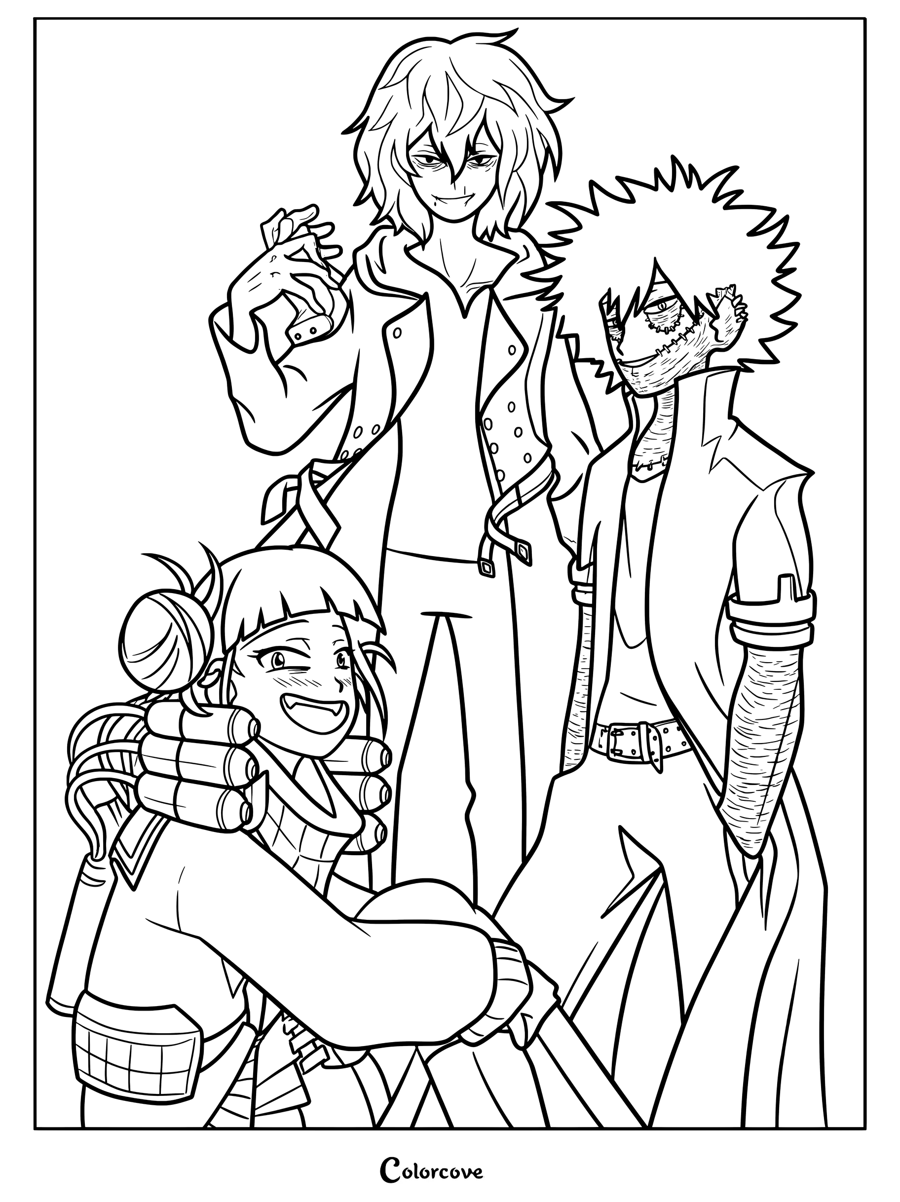 Tomura Shigaraki, Dabi, and Himiko Toga from My Hero Academia in a detailed line art coloring page.