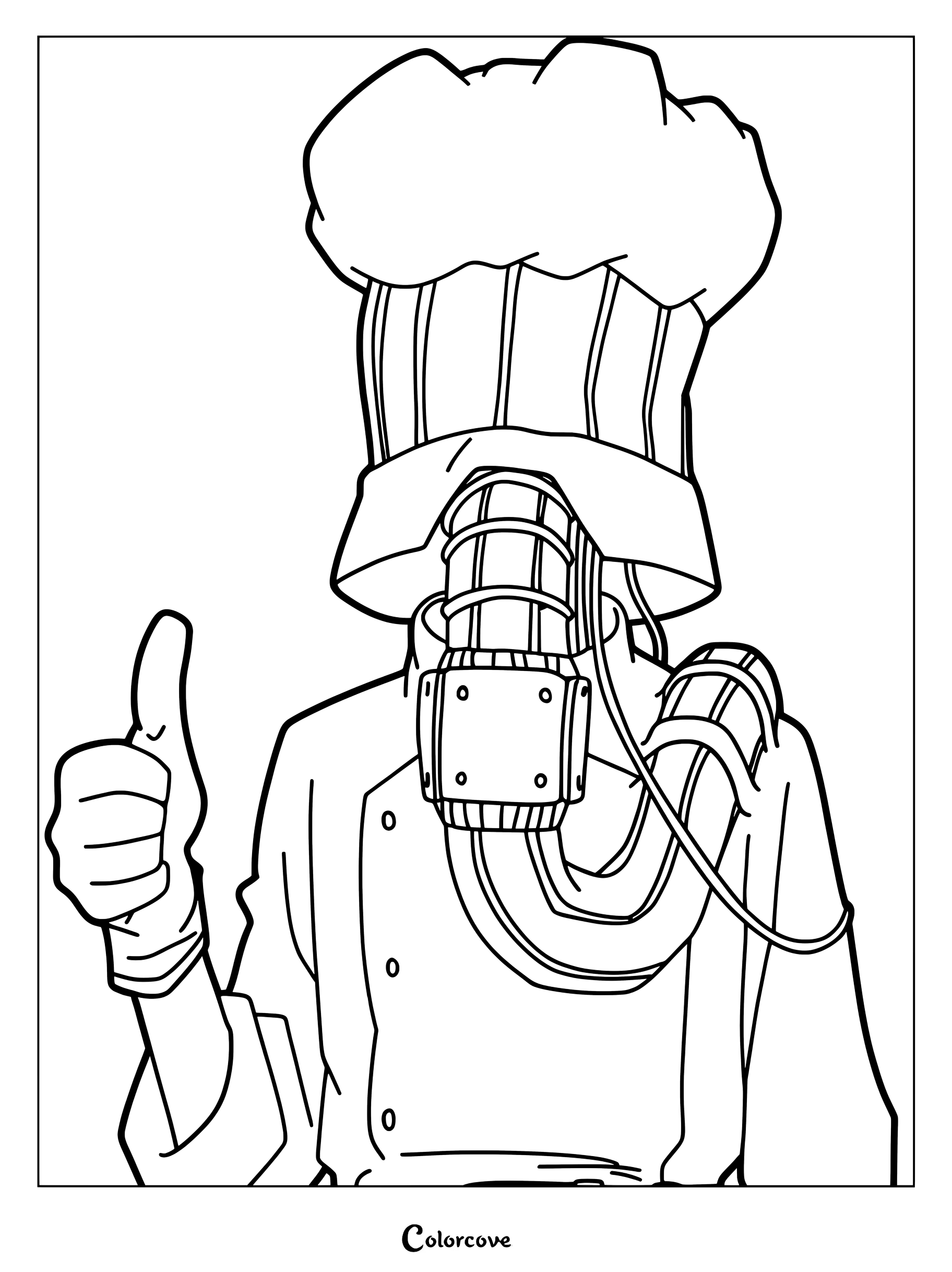 Lunch Rush from My Hero Academia wearing a chef hat and mask giving a thumbs up in this printable coloring page.