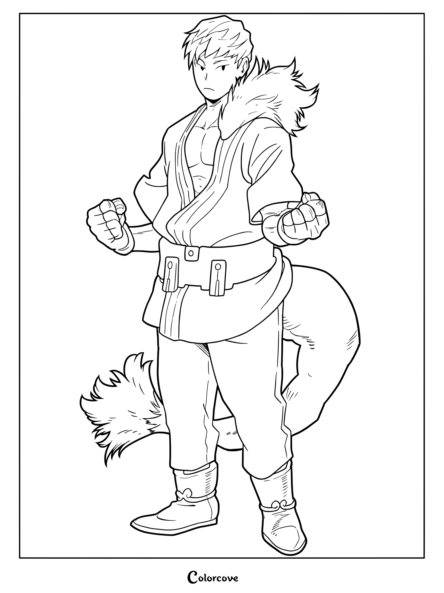 Mashirao Ojiro from My Hero Academia in his Tailman hero costume, featuring his signature tail and martial arts gi, ready for a coloring page.