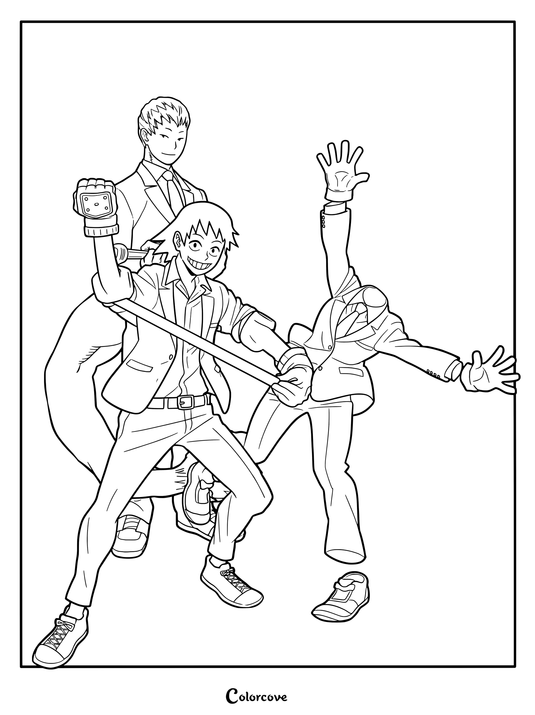 A My Hero Academia coloring page featuring Mashirao Ojiro with his tail and the invisible Toru Hagakure wearing a suit.