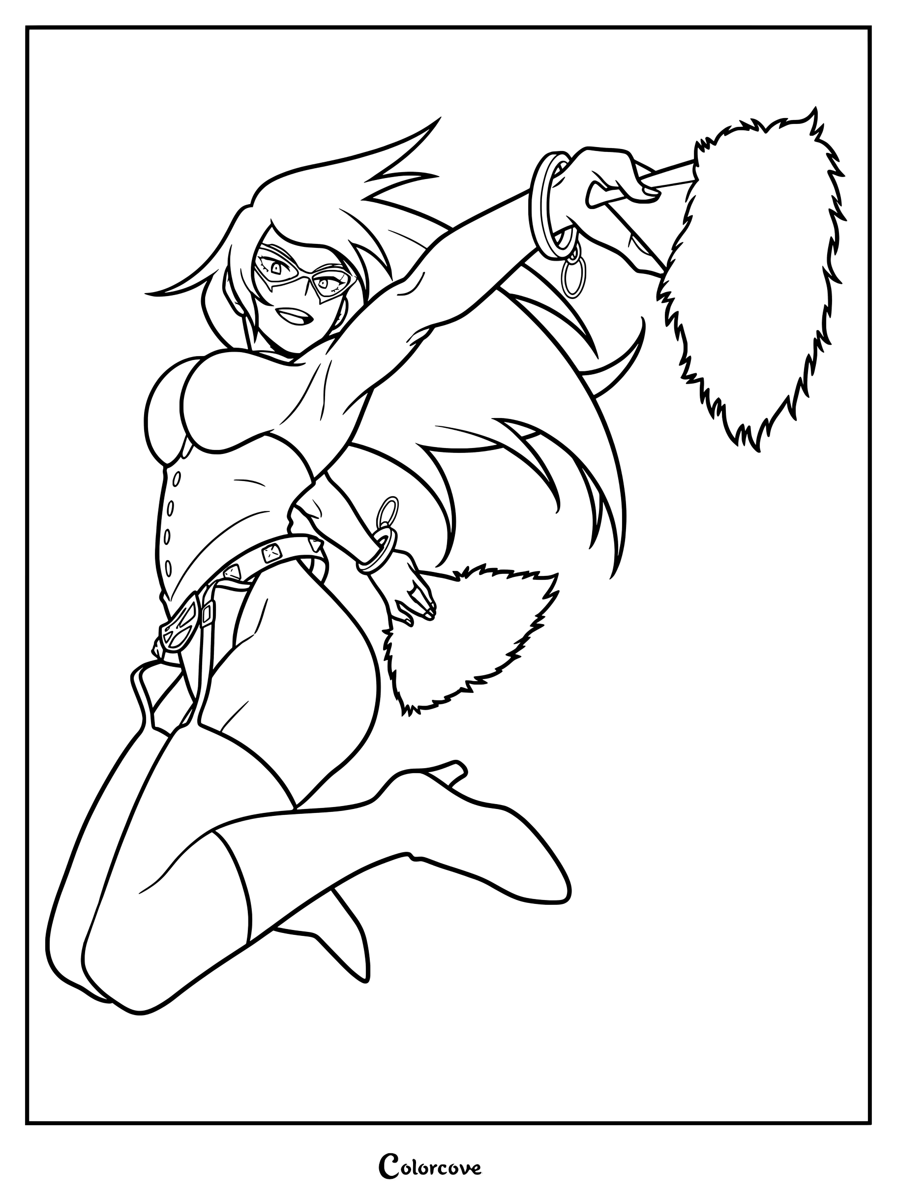 Midnight from My Hero Academia in her hero costume leaping with fluffy cuffs, line art coloring page.