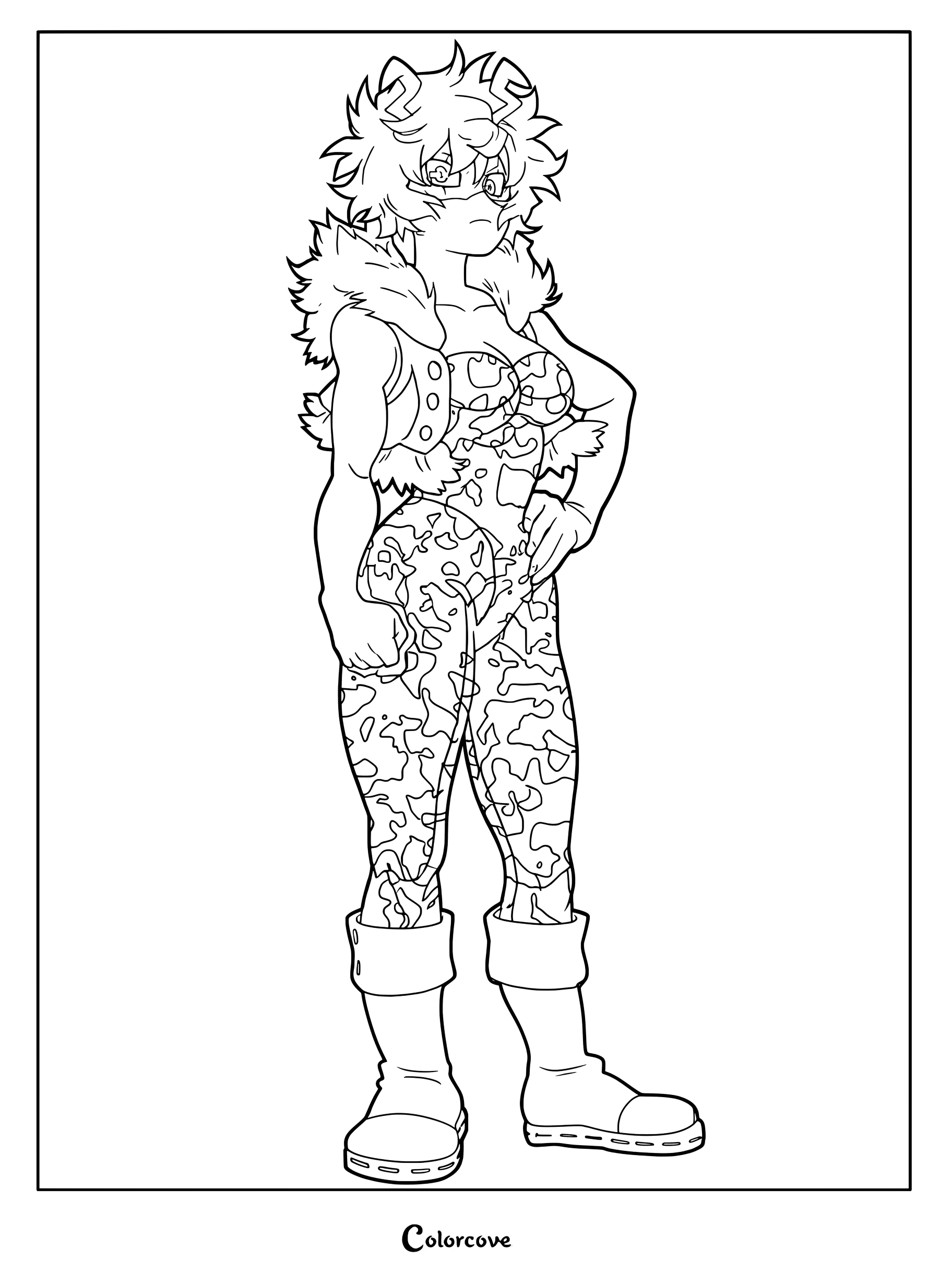 Mina Ashido from My Hero Academia wearing her hero costume with a fur-collared jacket in this printable coloring page.