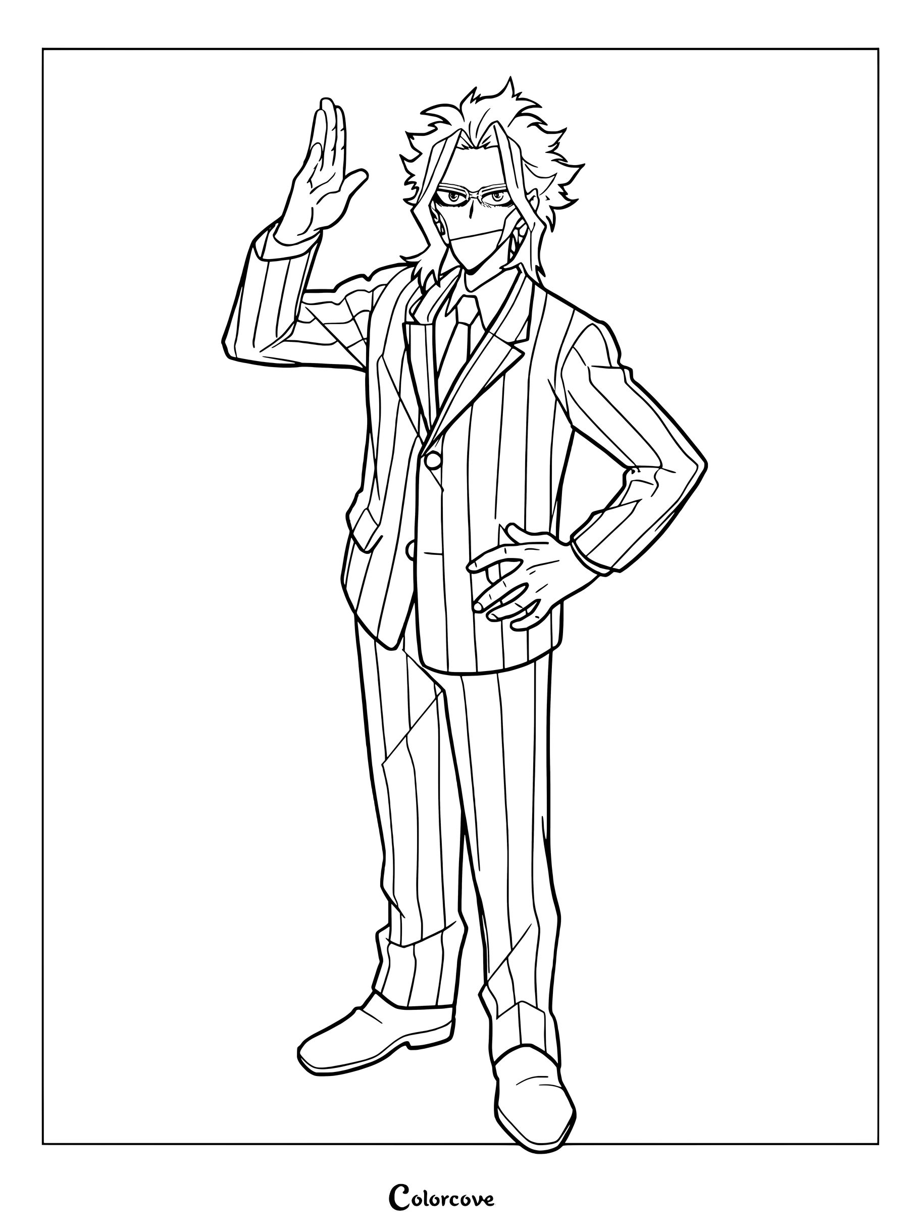 All Might in his thin civilian form wearing a pinstripe suit and glasses, standing with one hand raised in a salute, line art coloring page.