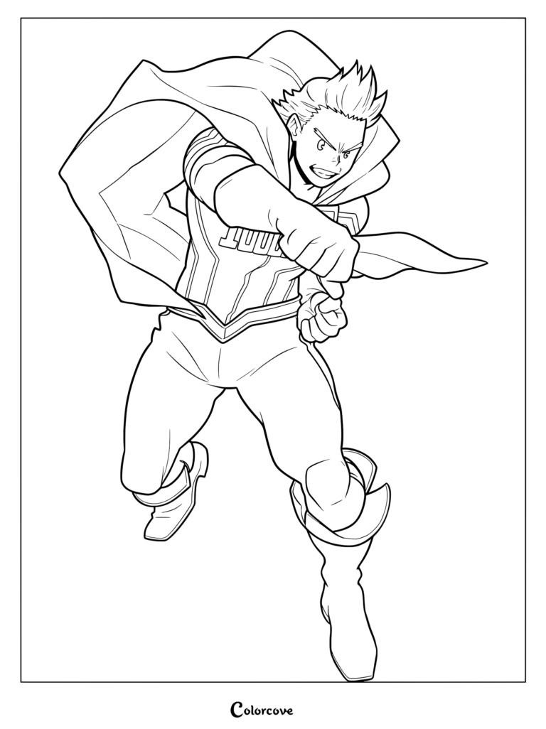 Mirio Togata from My Hero Academia in his hero suit with a flowing cape, punching forward in a dynamic coloring page.