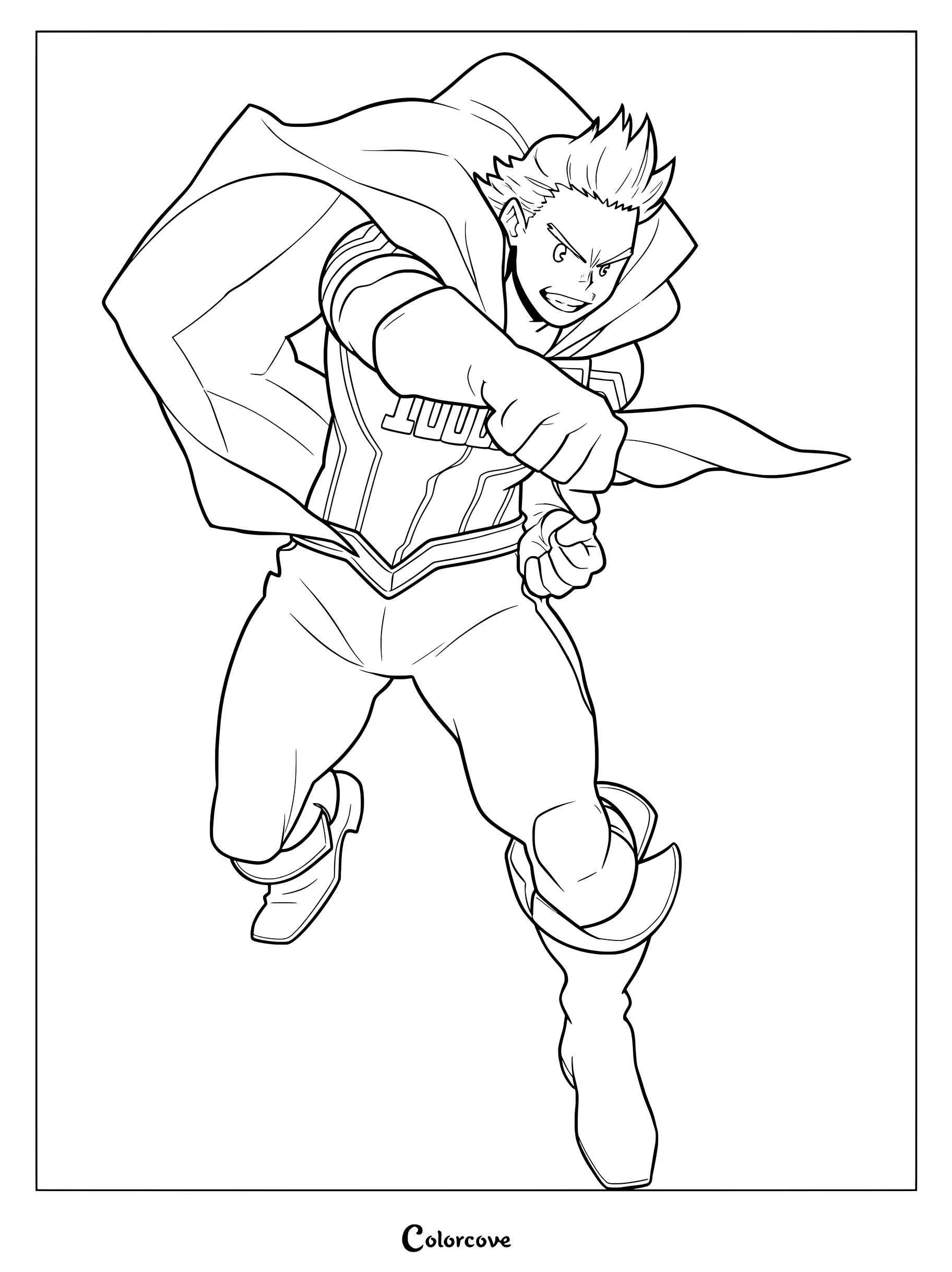 Mirio Togata from My Hero Academia in his hero suit with a flowing cape, punching forward in a dynamic coloring page.