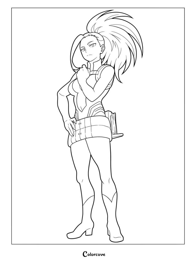 Momo Yaoyorozu in her Creati hero costume standing confidently in this My Hero Academia coloring page.