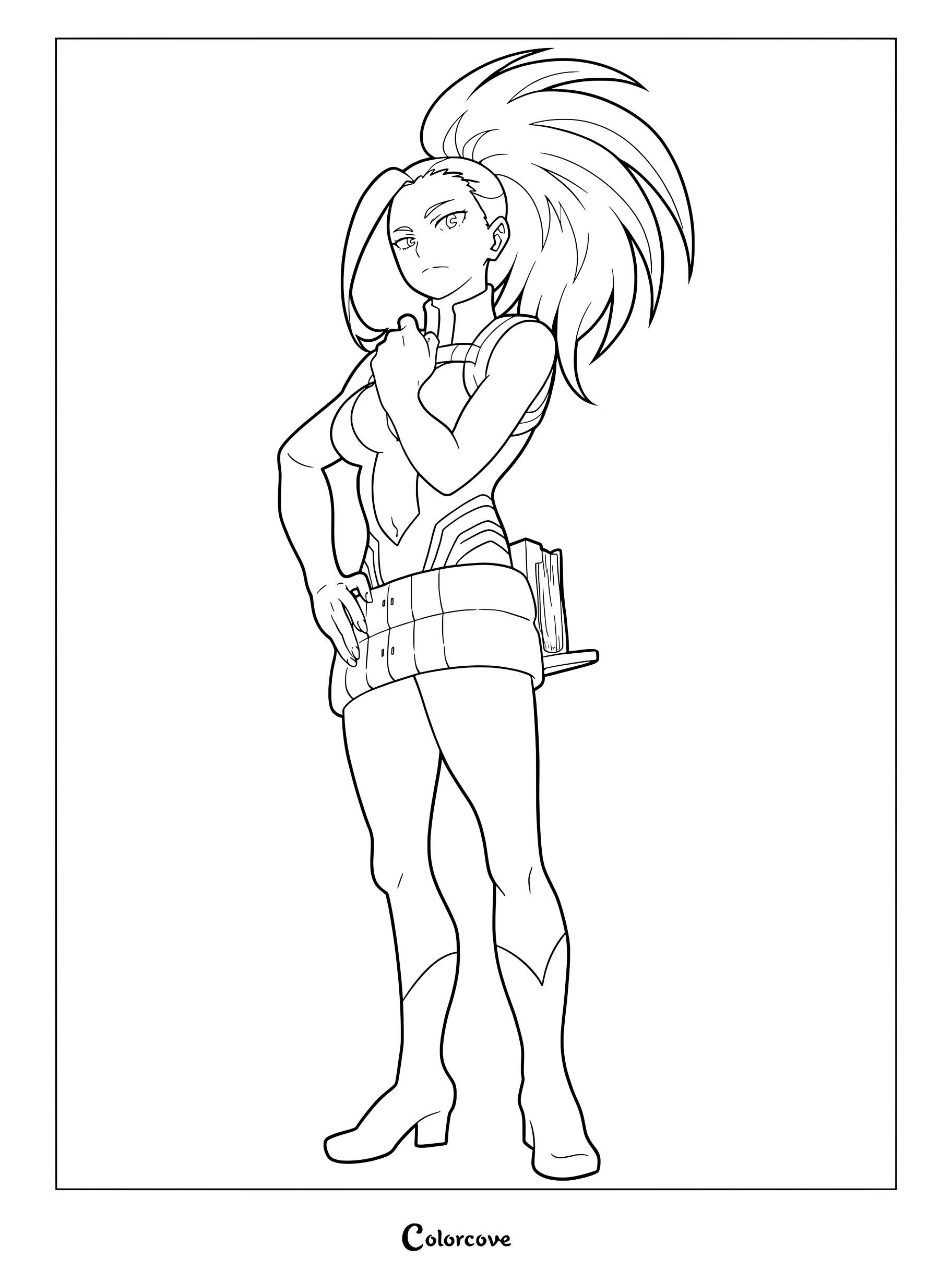 Momo Yaoyorozu in her Creati hero costume standing confidently in this My Hero Academia coloring page.