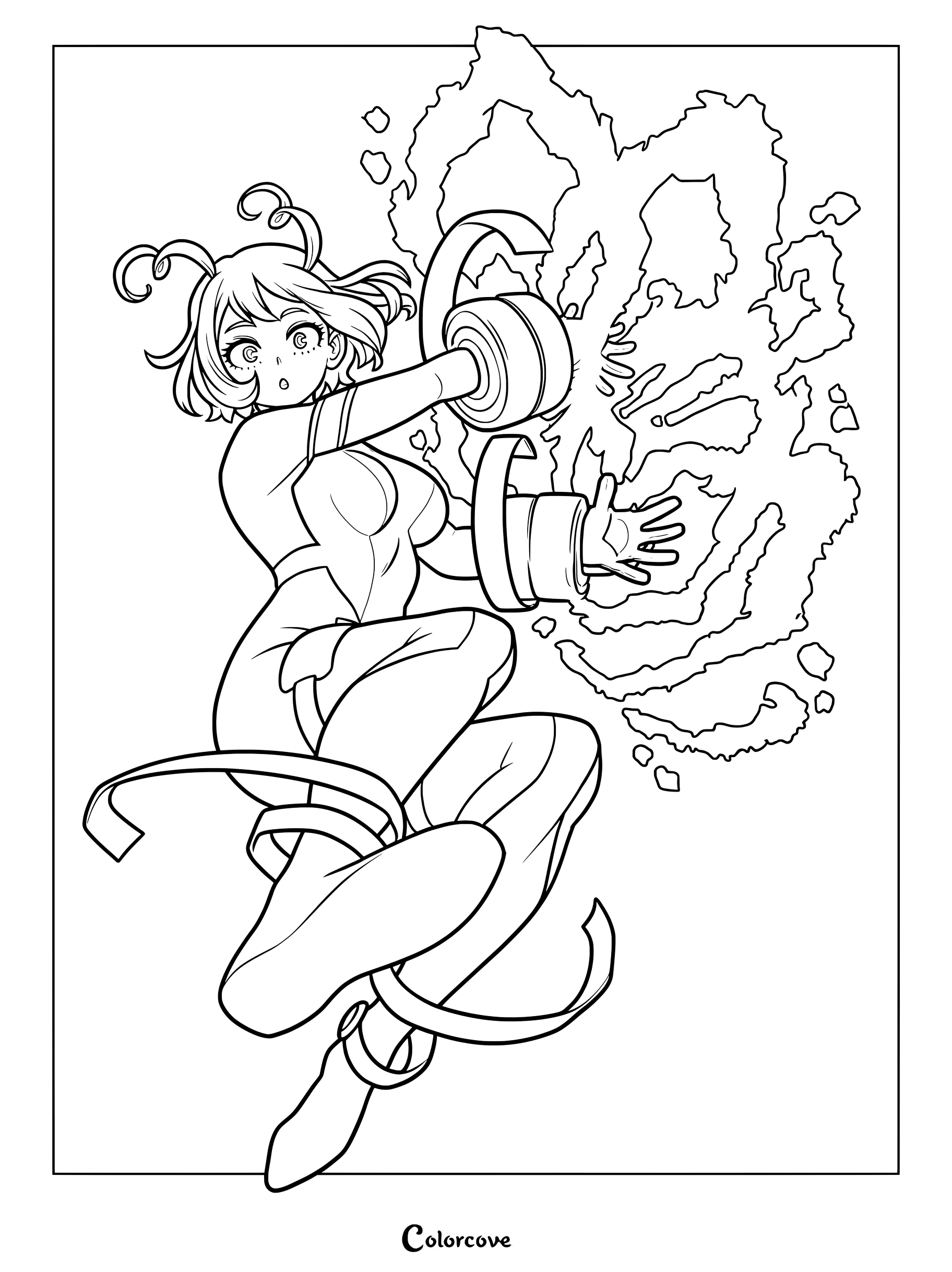 Nejire Hado from My Hero Academia using her Wave Motion quirk in this detailed line art coloring page.