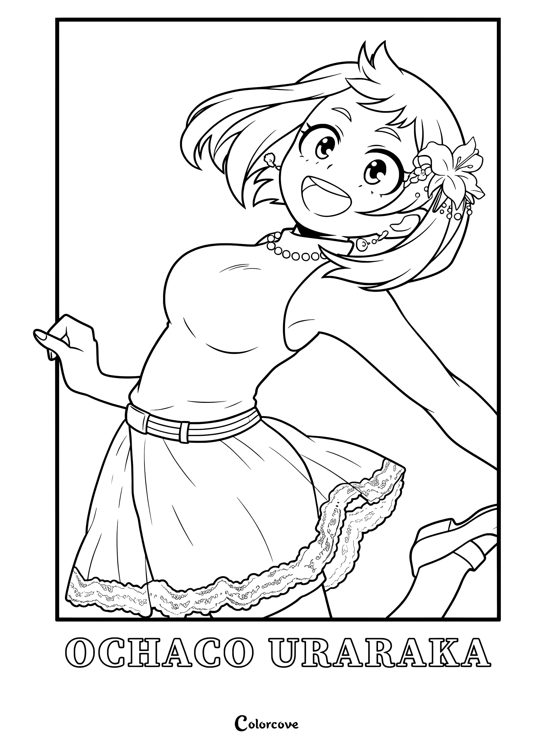 Ochaco Uraraka from My Hero Academia wearing a floral hair accessory and pearl necklace in a cheerful pose, line art coloring page.