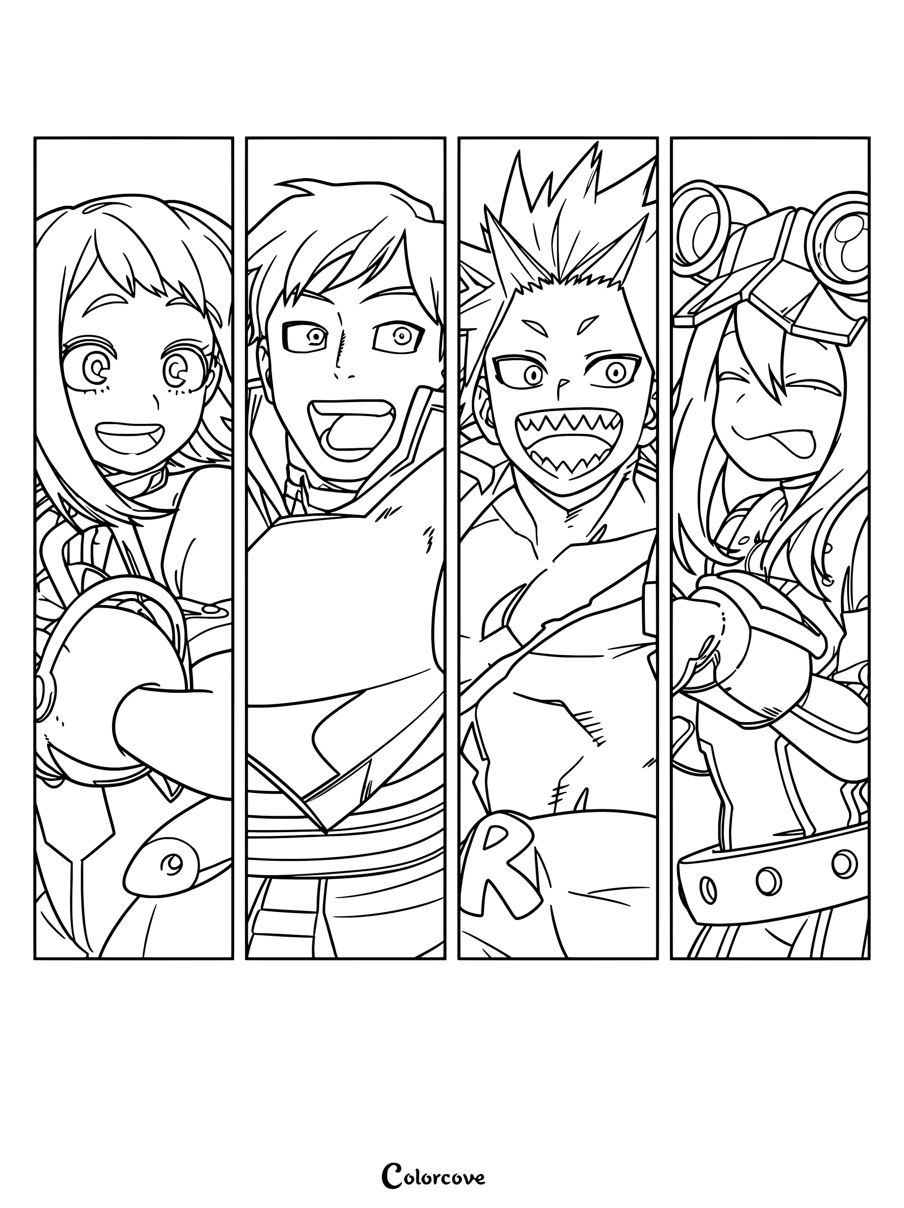 Printable coloring page featuring Ochaco Uraraka as Uravity, Tenya Iida as Ingenium, Eijiro Kirishima as Red Riot, and Tsuyu Asui as Froppy in individual portrait panels.