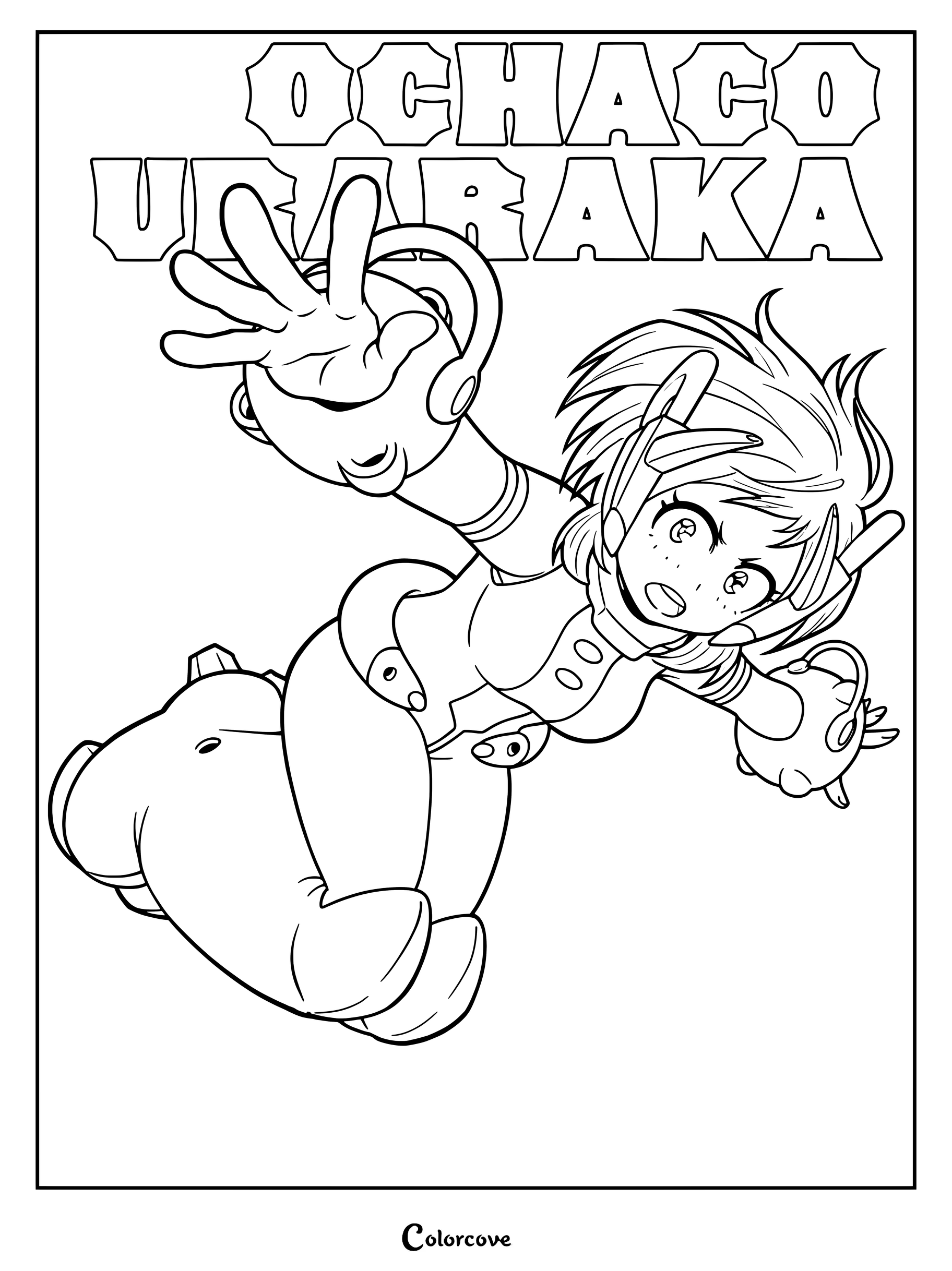 Ochaco Uraraka Uravity in her hero suit reaching forward in this My Hero Academia coloring page