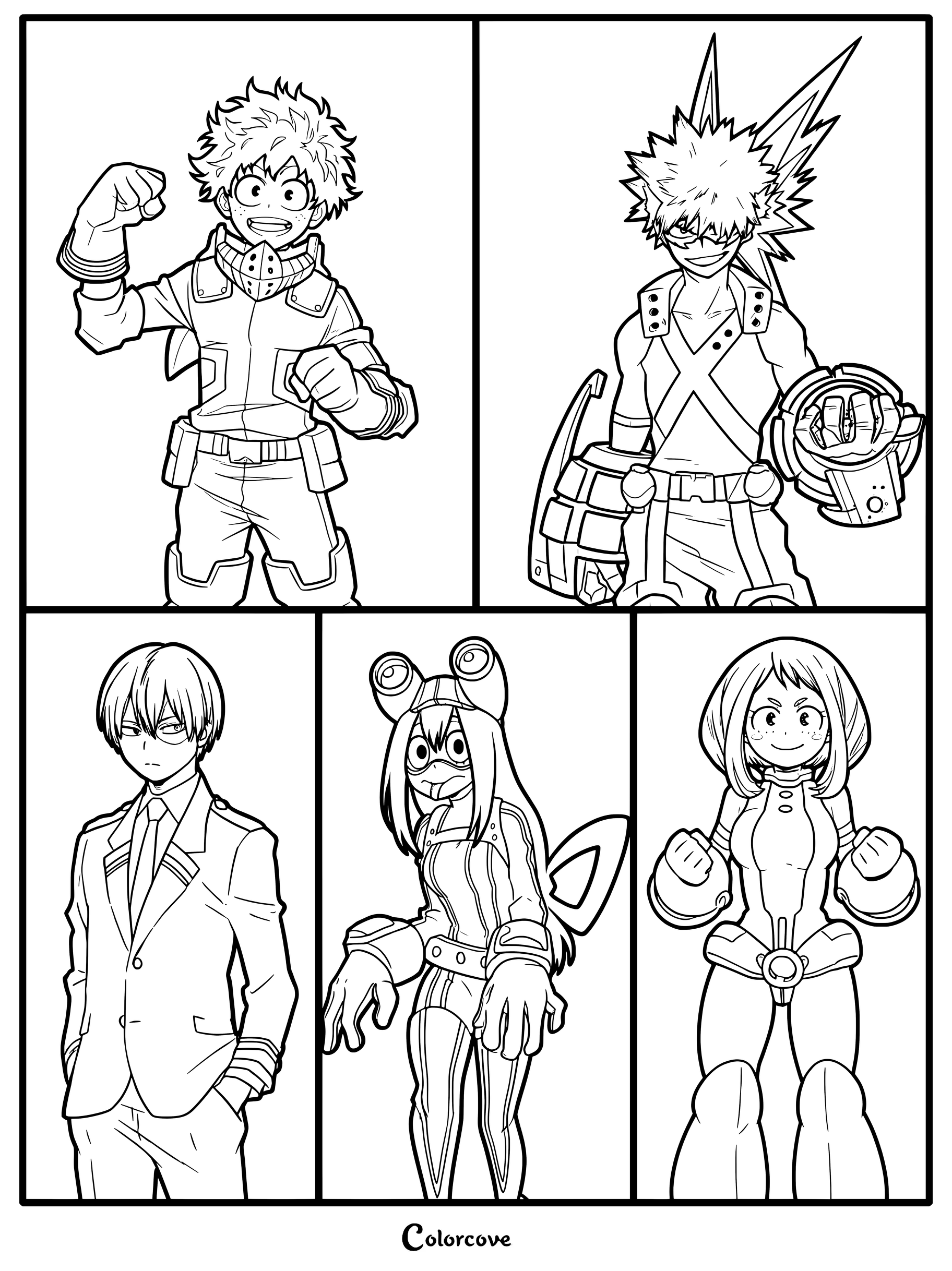 A printable coloring page featuring Izuku Midoriya, Katsuki Bakugo, Shoto Todoroki, Tsuyu Asui, and Ochaco Uraraka in their hero costumes.