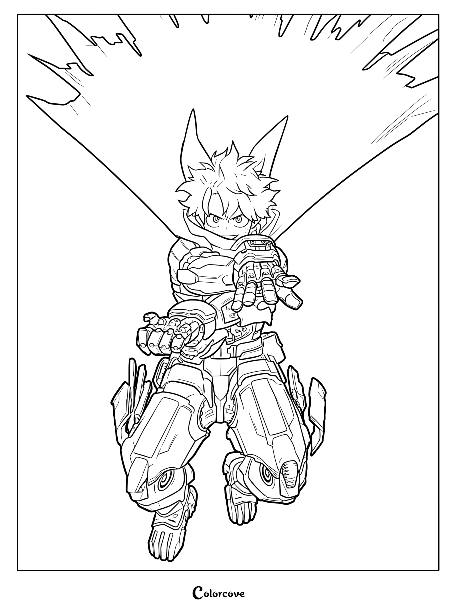 One For All Hero Deku in his advanced hero suit with dynamic energy lines in this printable coloring page.
