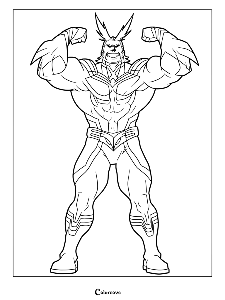 All Might flexing his muscles while wearing his iconic hero costume in this detailed My Hero Academia coloring page.