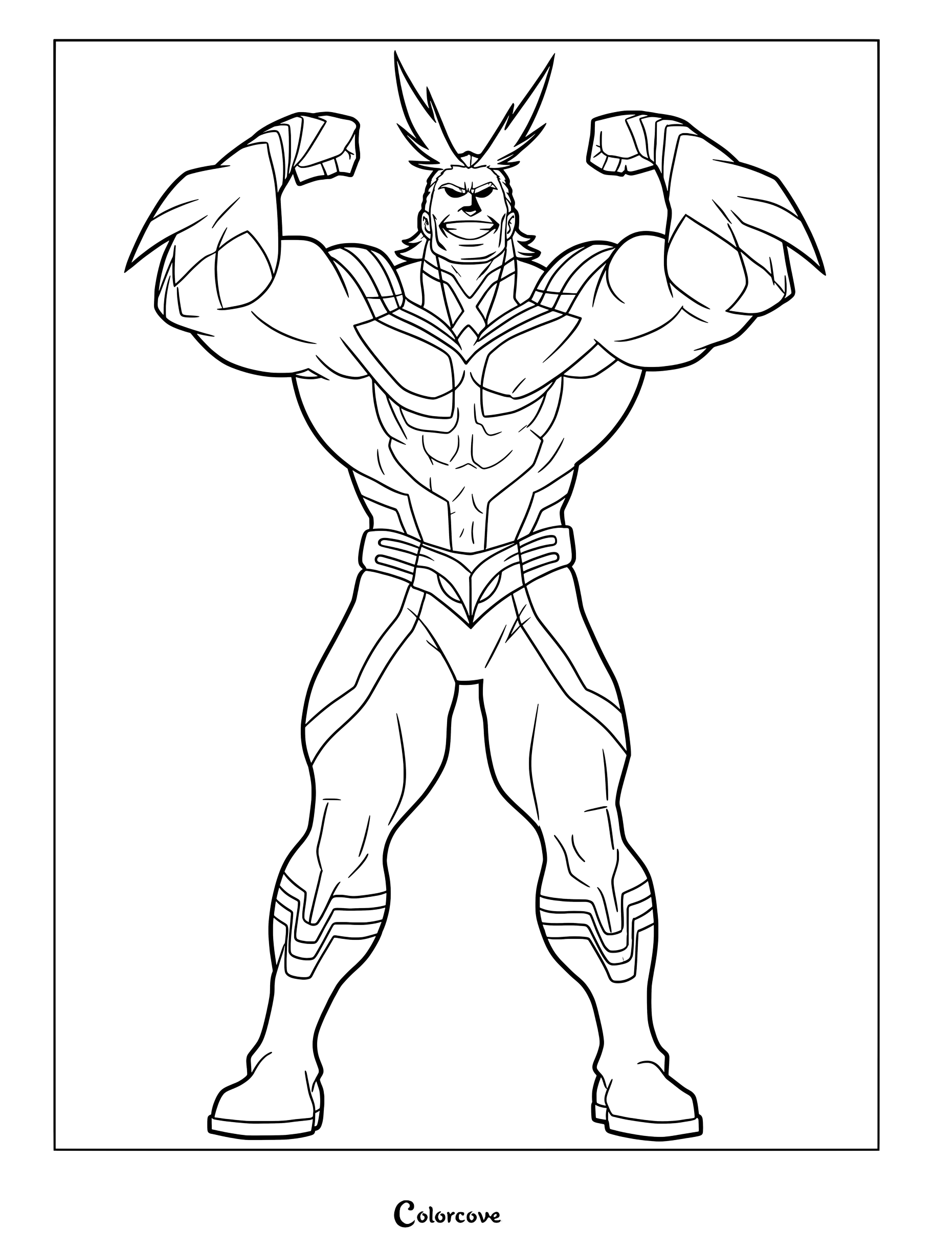 All Might flexing his muscles while wearing his iconic hero costume in this detailed My Hero Academia coloring page.
