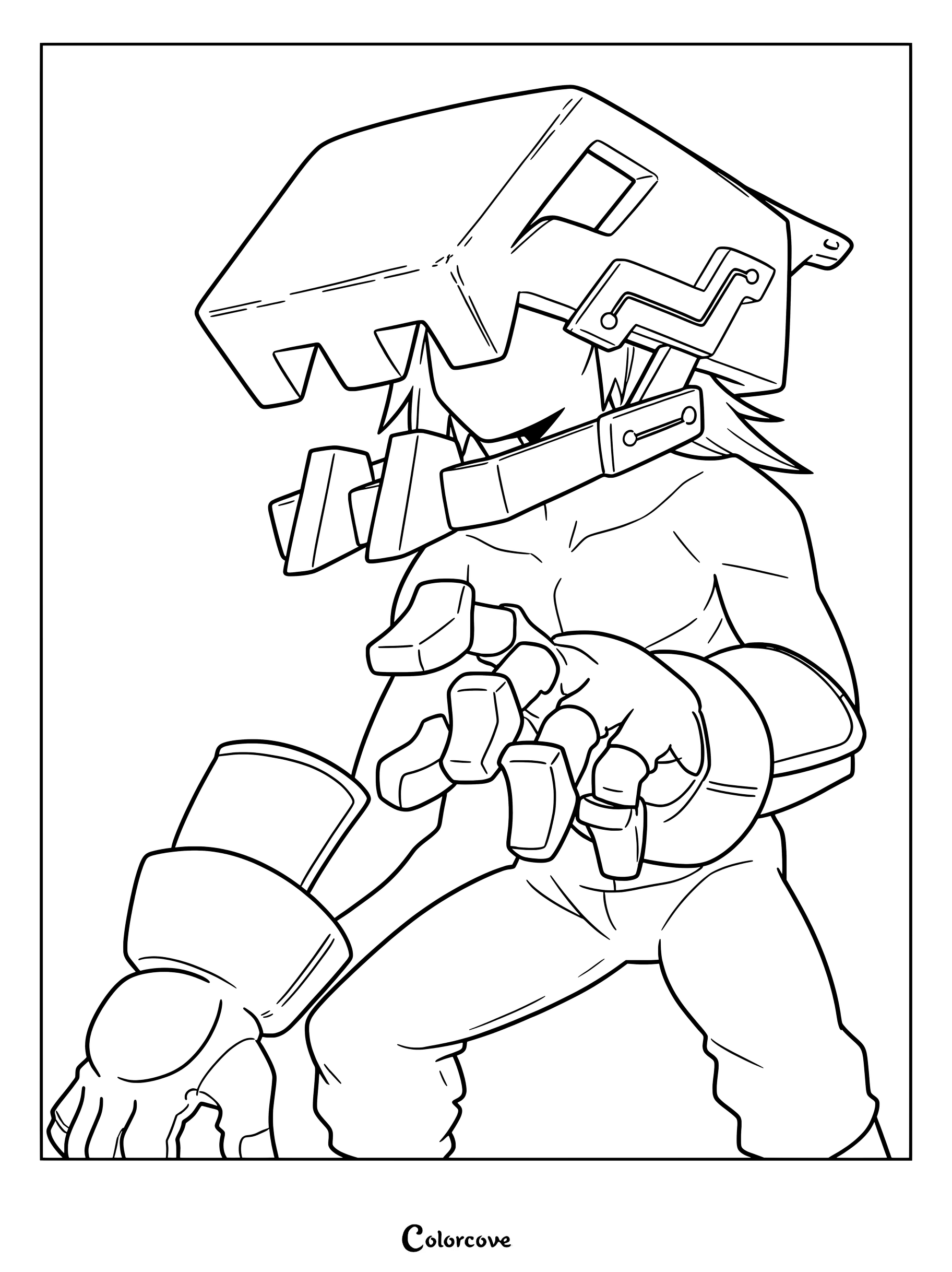 Power Loader from My Hero Academia wearing his signature excavator-style helmet and heavy mechanical gauntlets in a detailed line art coloring page.