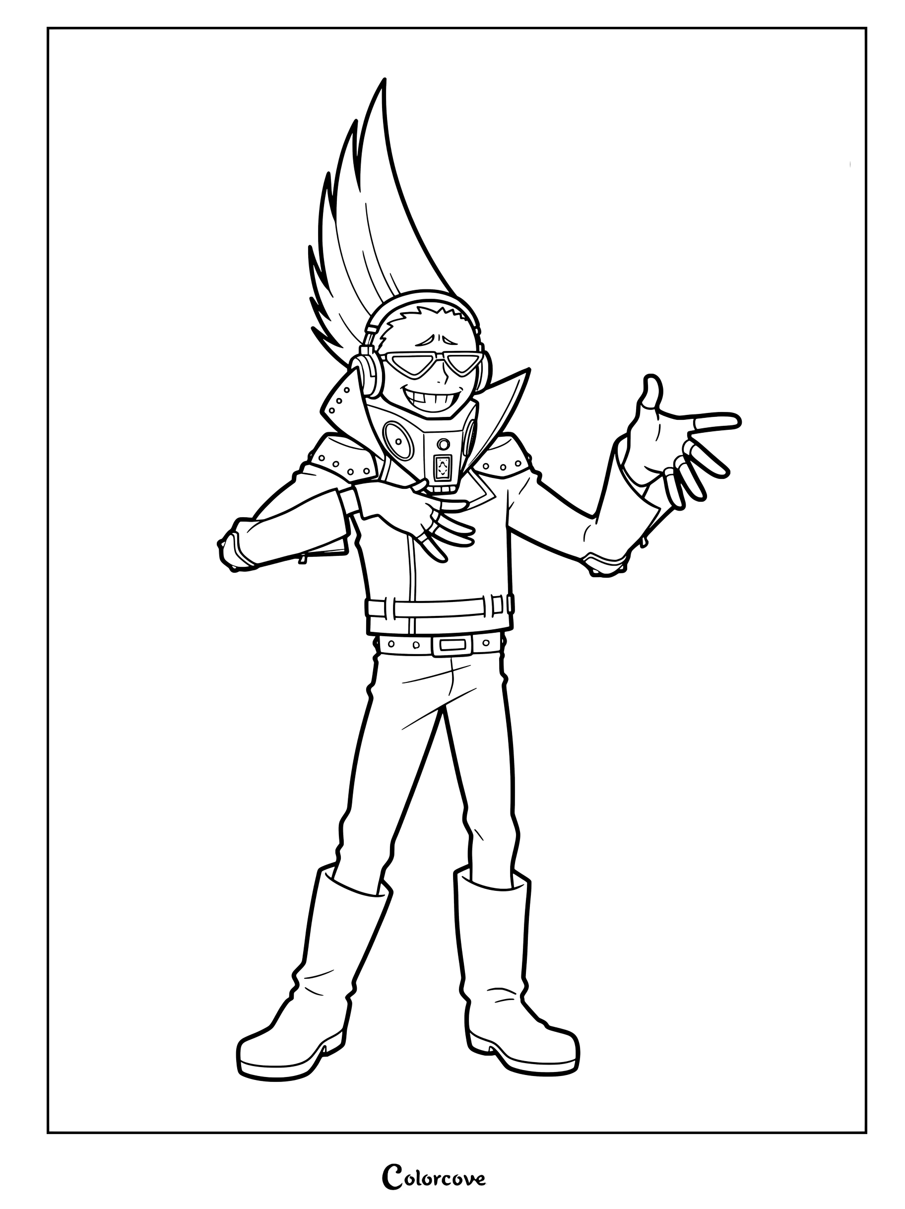 Present Mic from My Hero Academia wearing his signature spiked hair, goggles, and neck speaker in this printable coloring page.