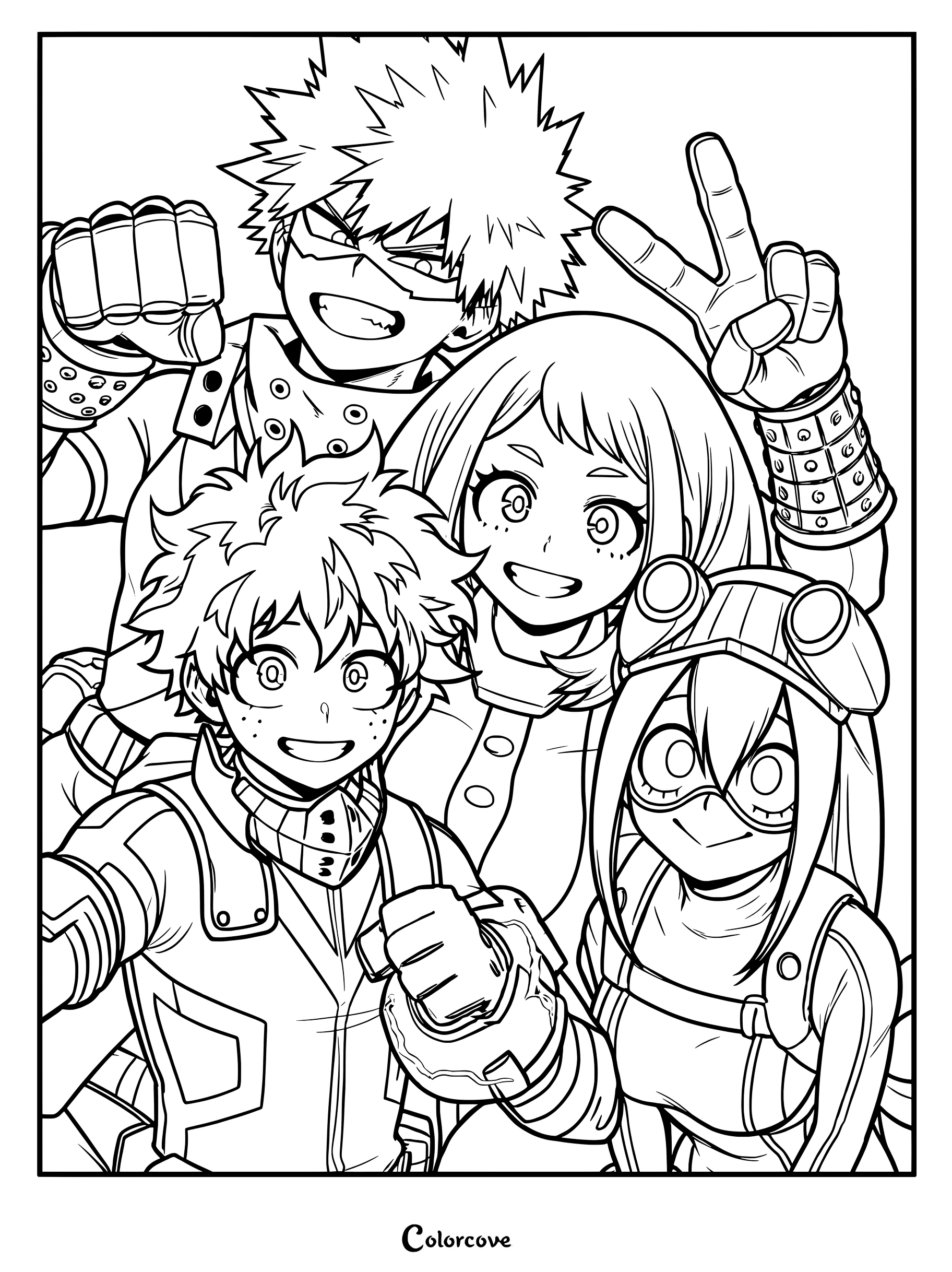 A My Hero Academia coloring page featuring Izuku Midoriya, Katsuki Bakugo, Ochaco Uraraka, and Tsuyu Asui posing together for a group photo.
