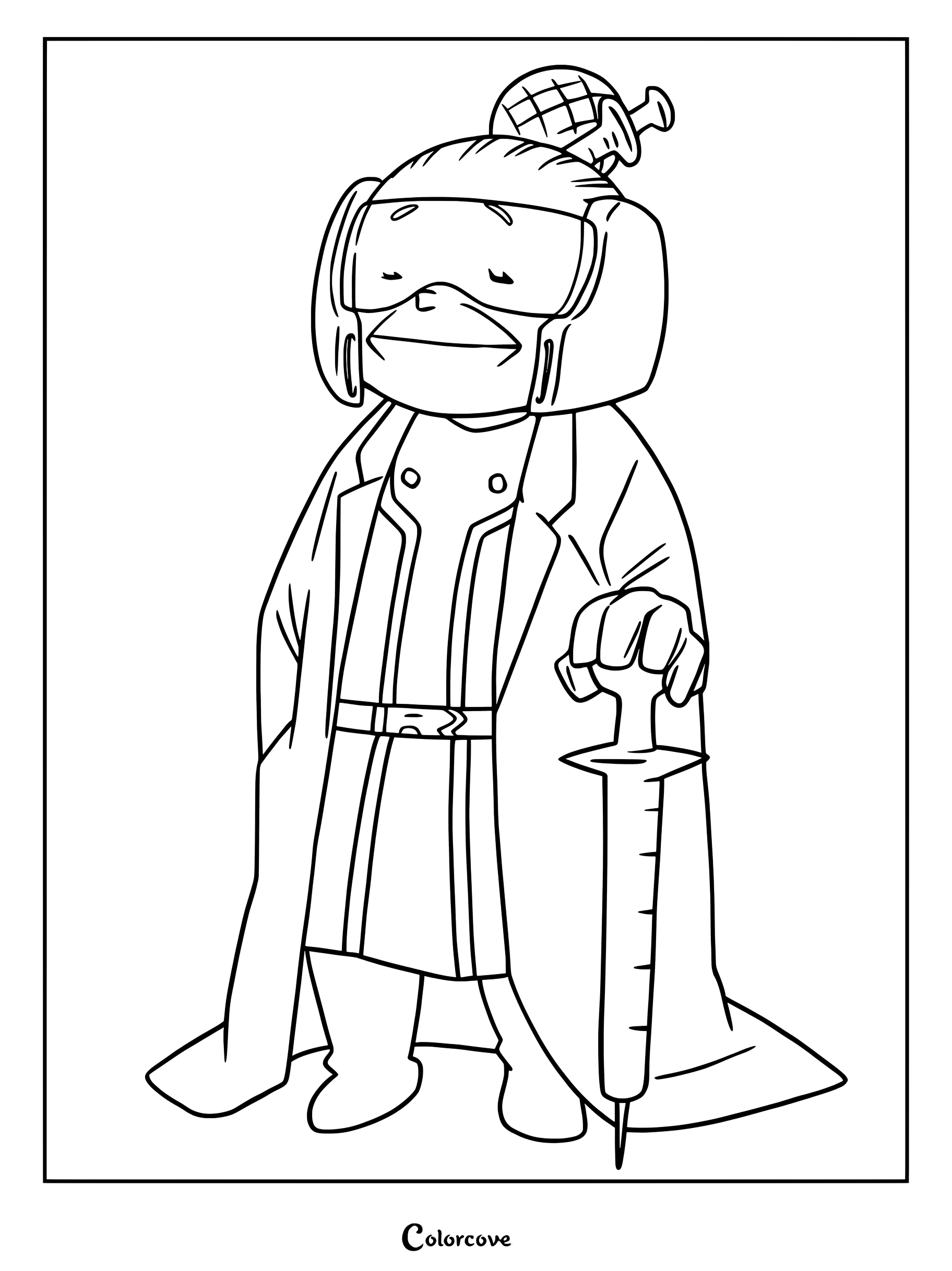Recovery Girl from My Hero Academia wearing her signature goggles and lab coat while holding a large syringe in this printable coloring page.