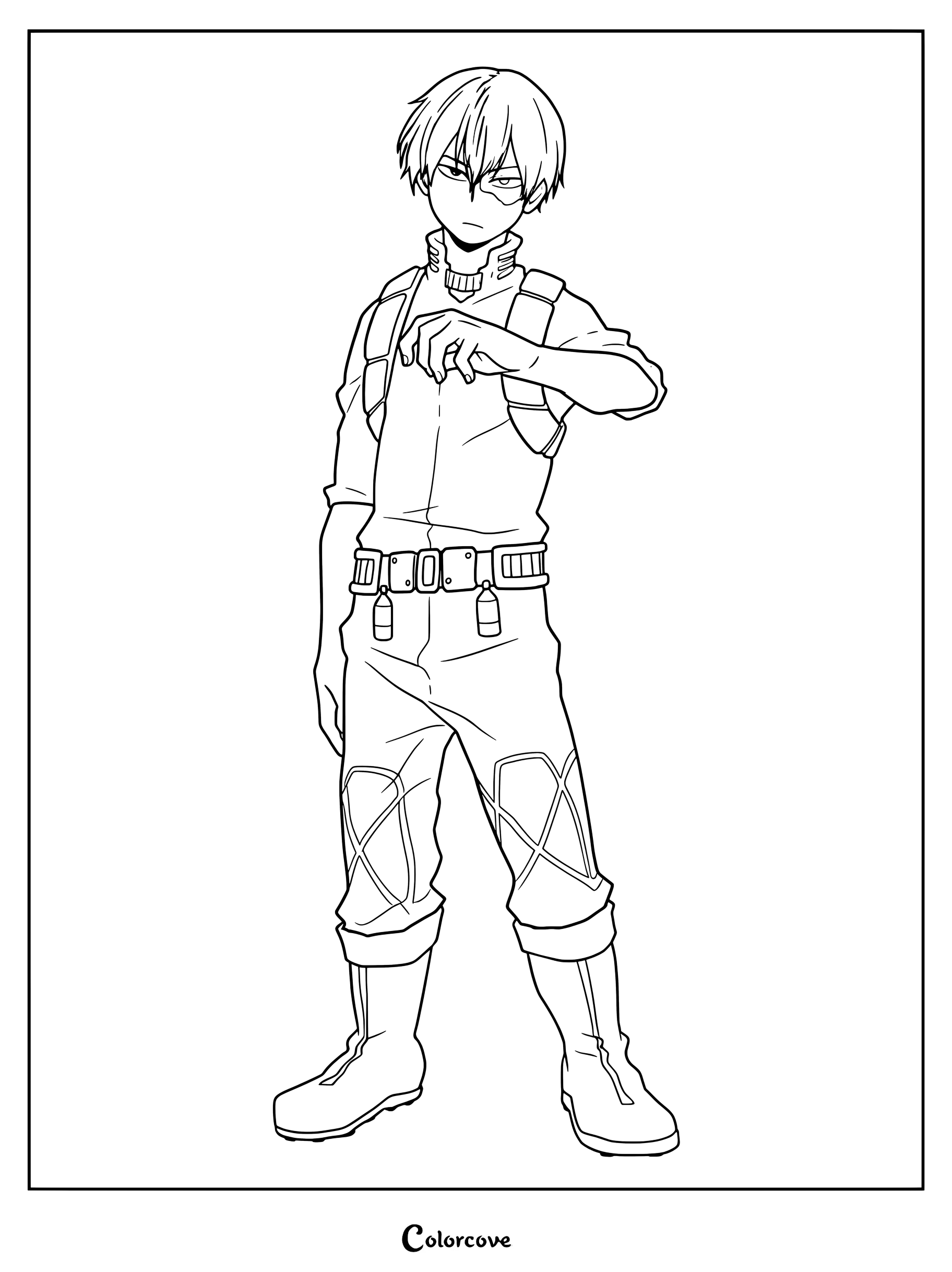 Shoto Todoroki from My Hero Academia standing in his hero suit, a detailed line art coloring page.