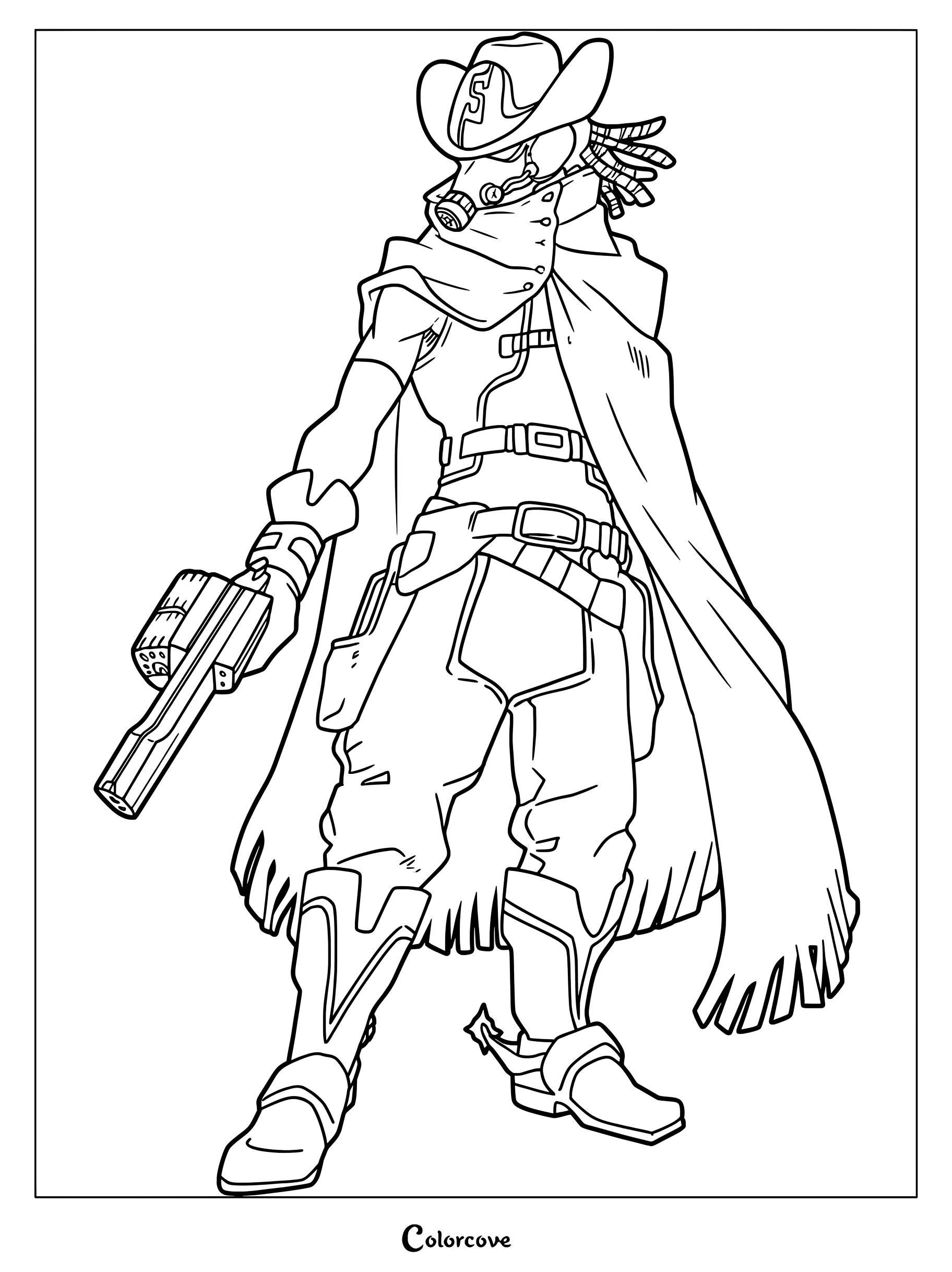 Snipe from My Hero Academia wearing his cowboy hat, gas mask, and cape while holding a handgun in this printable coloring page.