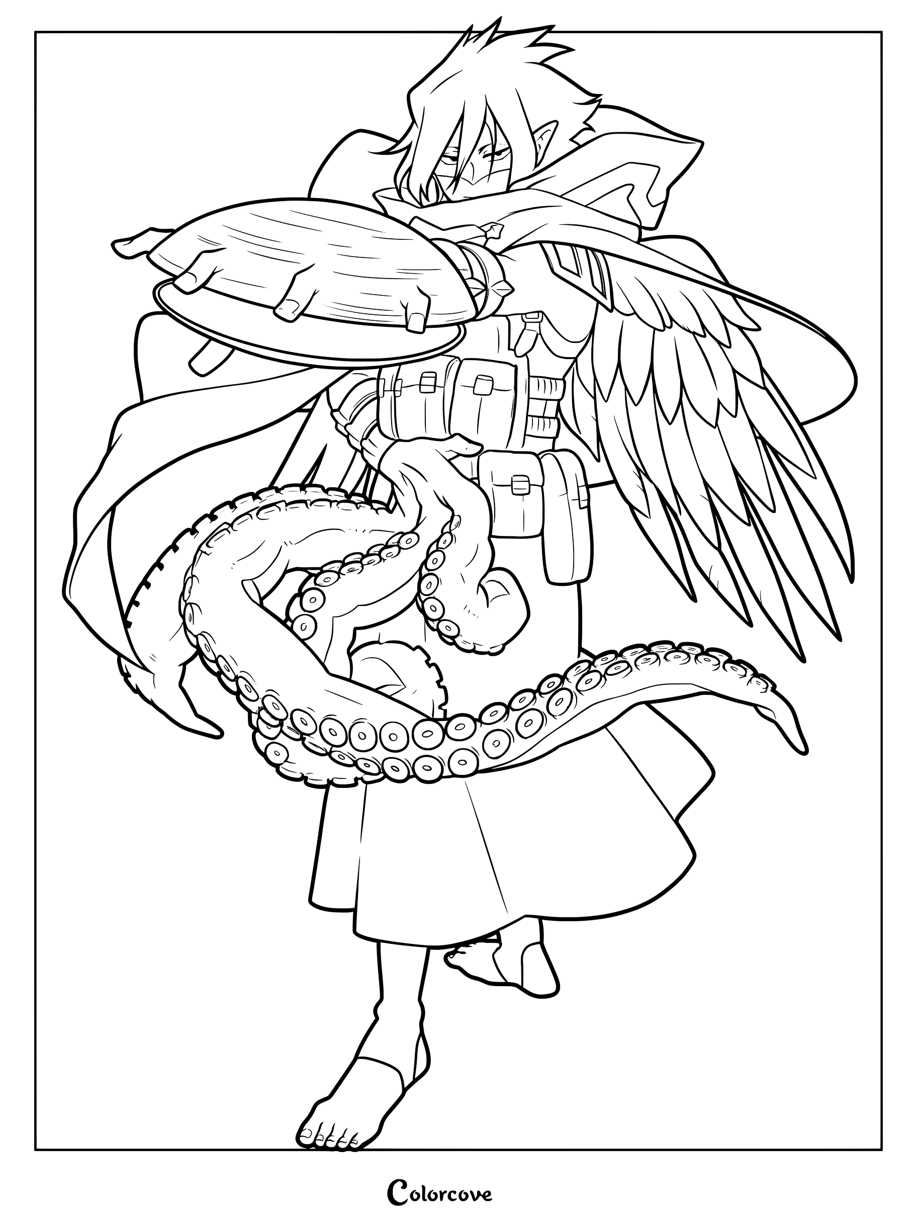Tamaki Amajiki Suneater from My Hero Academia featuring his manifested octopus tentacle and bird wing in this detailed line art coloring page.