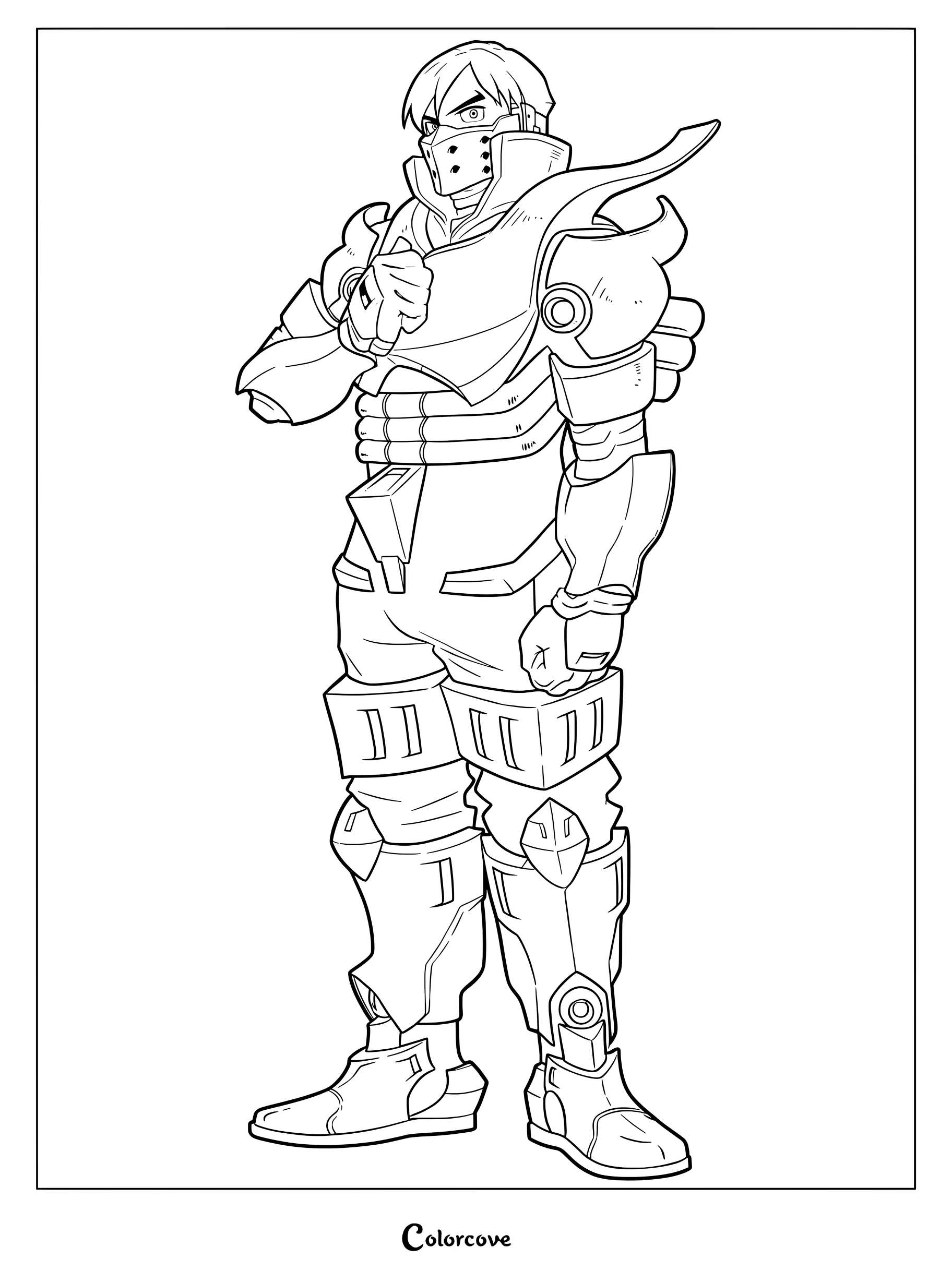 Tenya Ida in his Ingenium hero suit standing in a heroic pose, detailed line art coloring page.