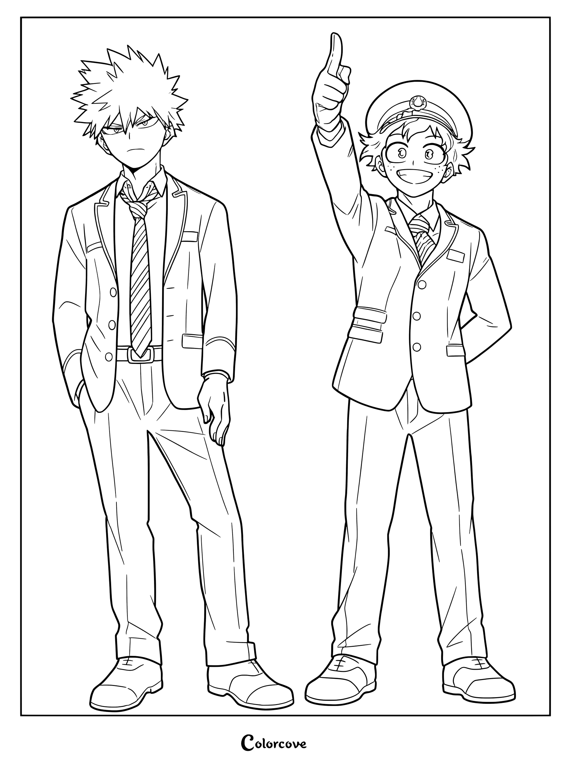 Katsuki Bakugo standing on the left and Izuku Midoriya pointing upward on the right in their school uniforms as a printable coloring page.